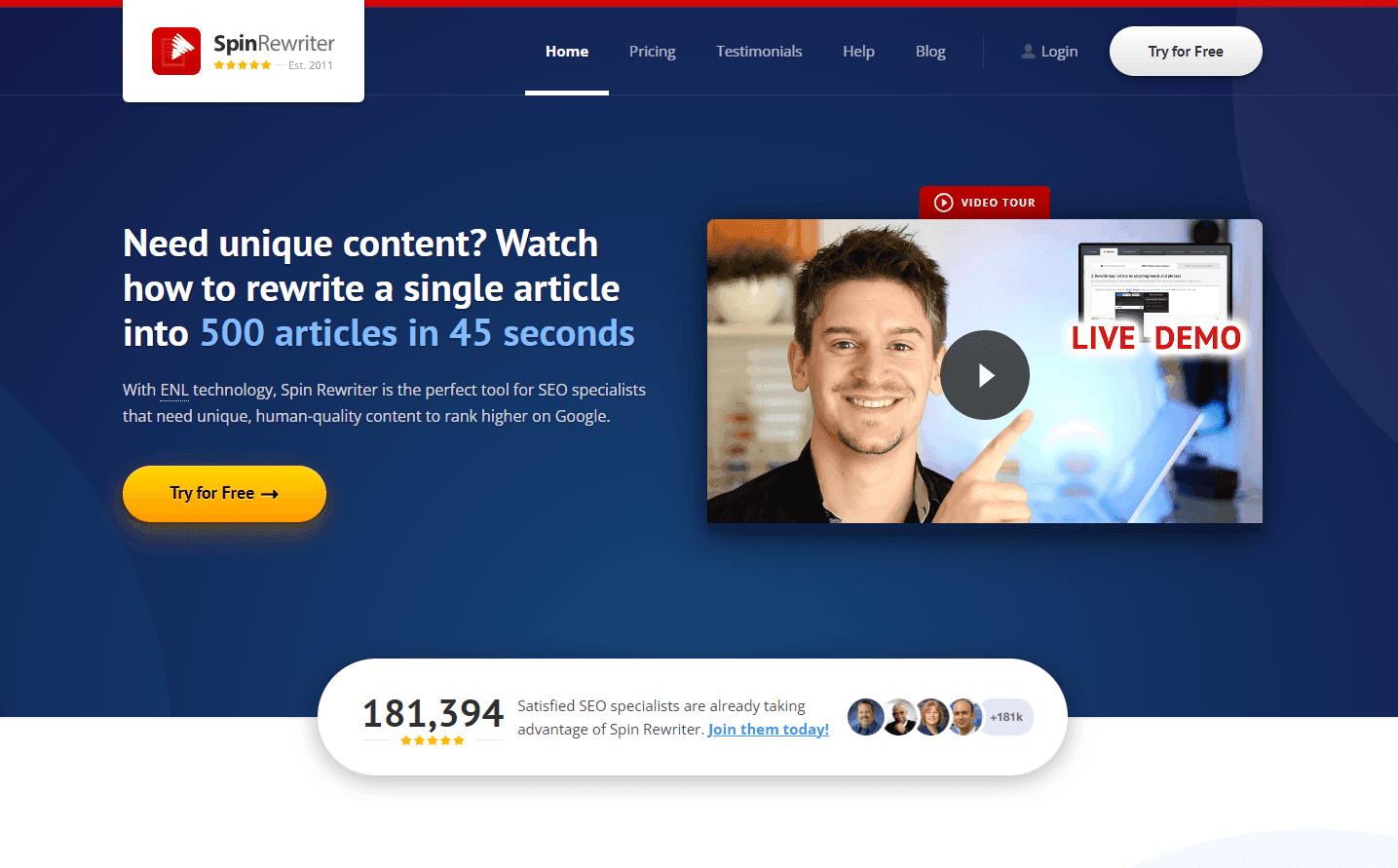 Spin Rewriter interface showcasing article rewriting