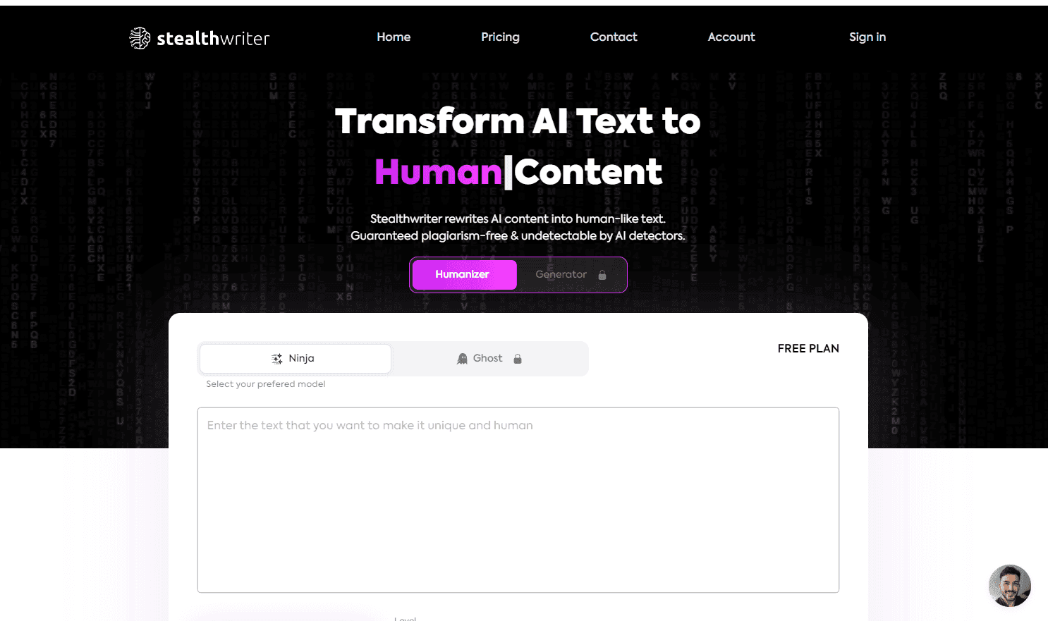 Stealthwriter interface showcasing content transformation tools