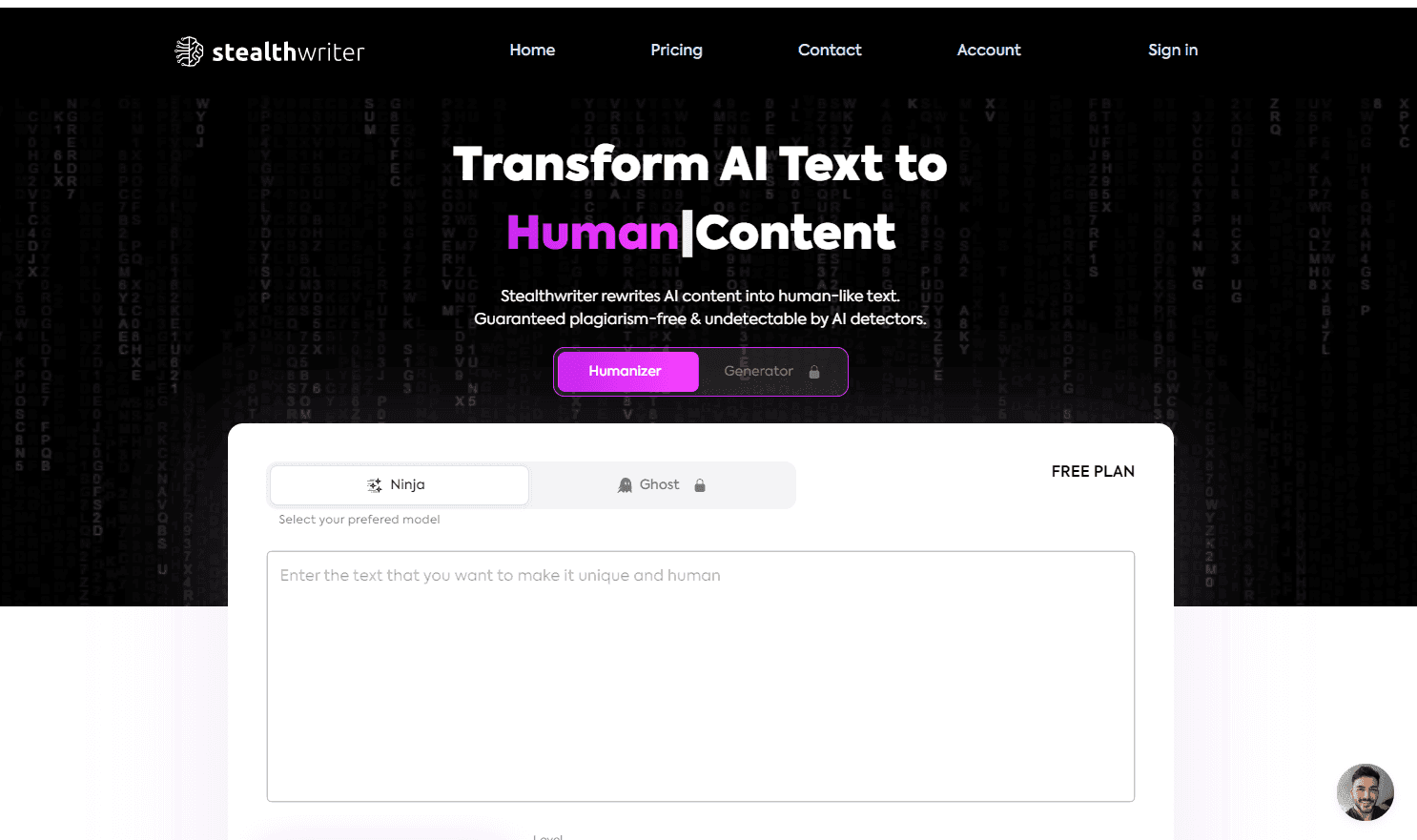 Stealthwriter interface showcasing content transformation tools