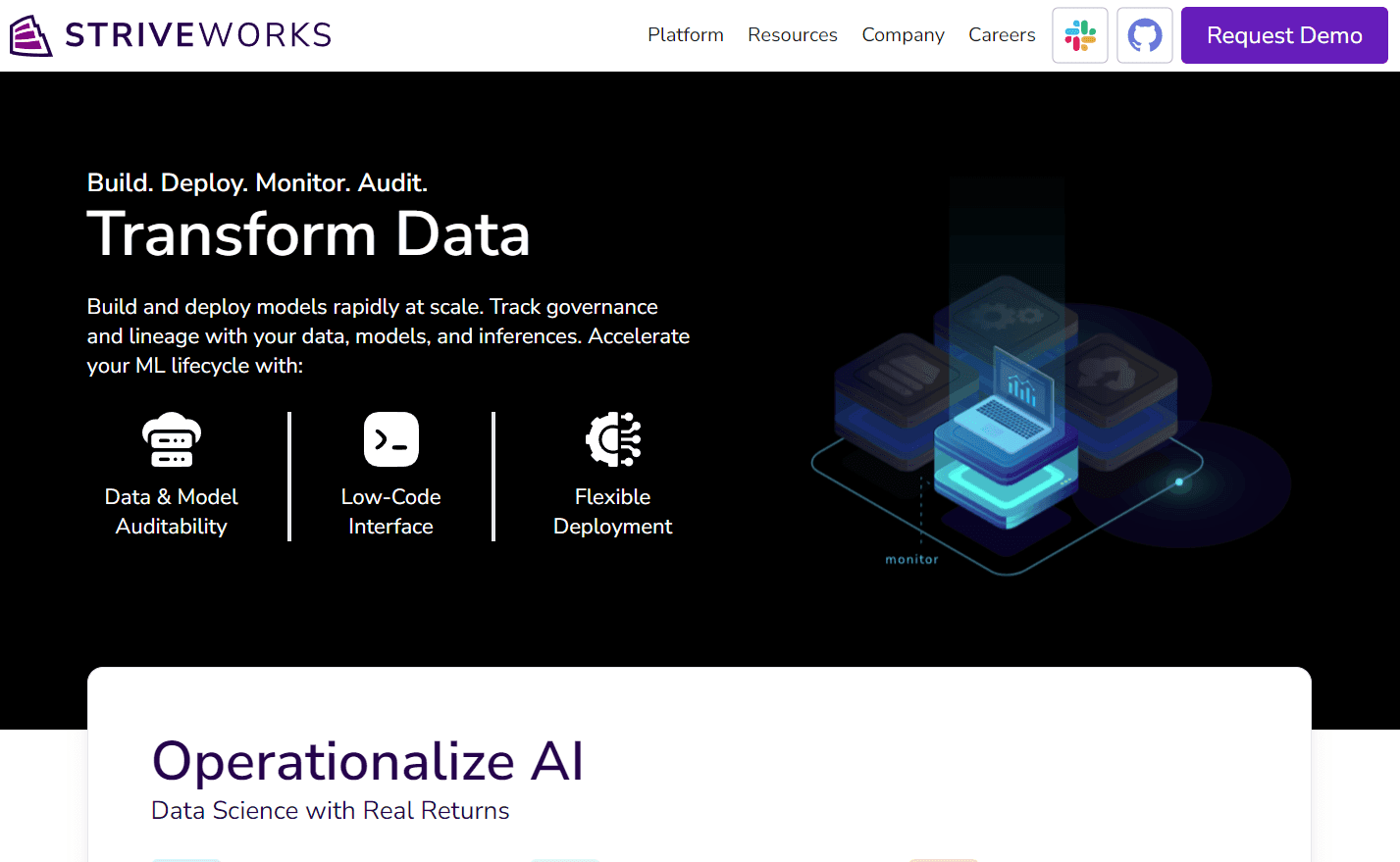 Striveworks platform interface showcasing ML operations tools.