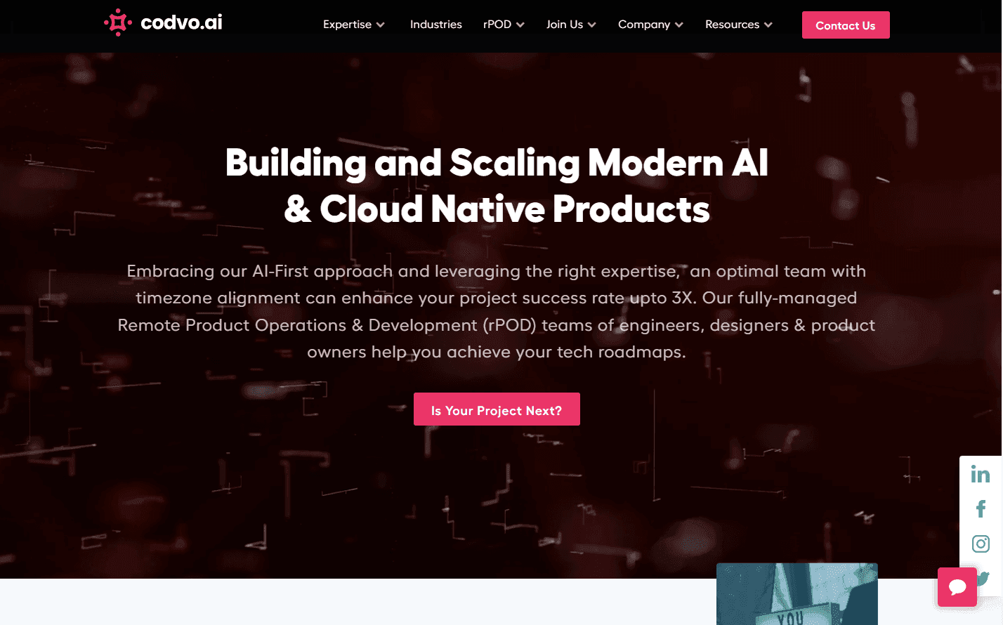 Team of professionals discussing AI and Cloud solutions with Codvo's platform in the background.