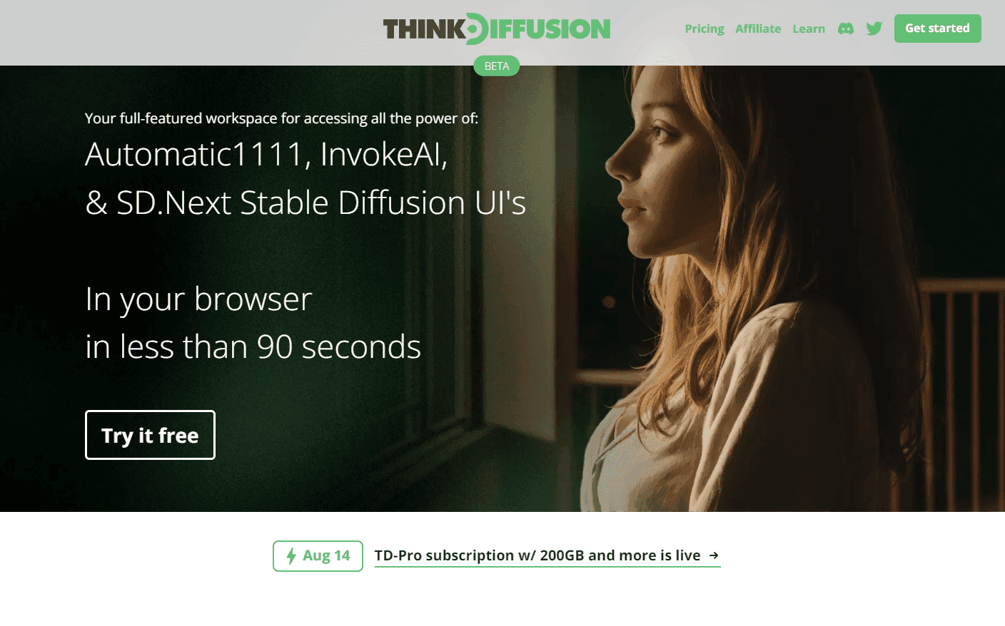 ThinkDiffusion platform showcasing its cloud-based Stable Diffusion UIs.
