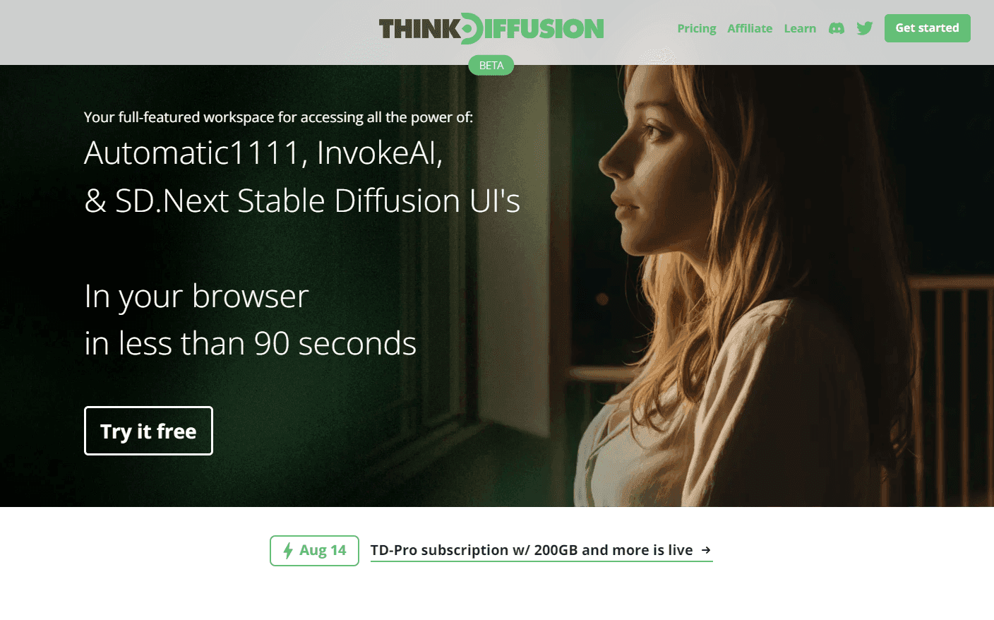 ThinkDiffusion platform showcasing its cloud-based Stable Diffusion UIs.