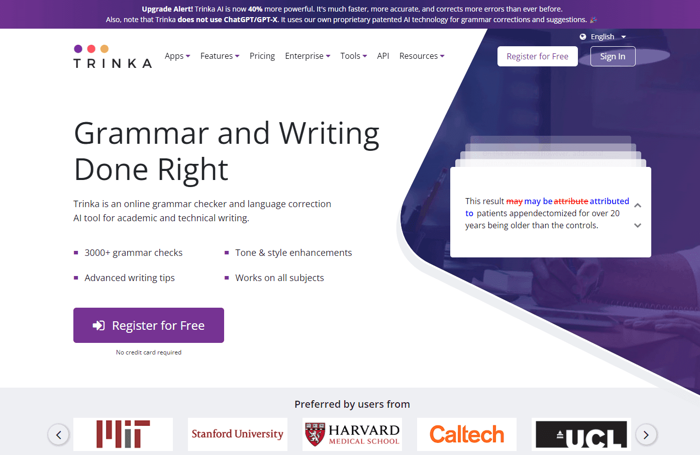 Trinka's user interface showcasing grammar checks and suggestions