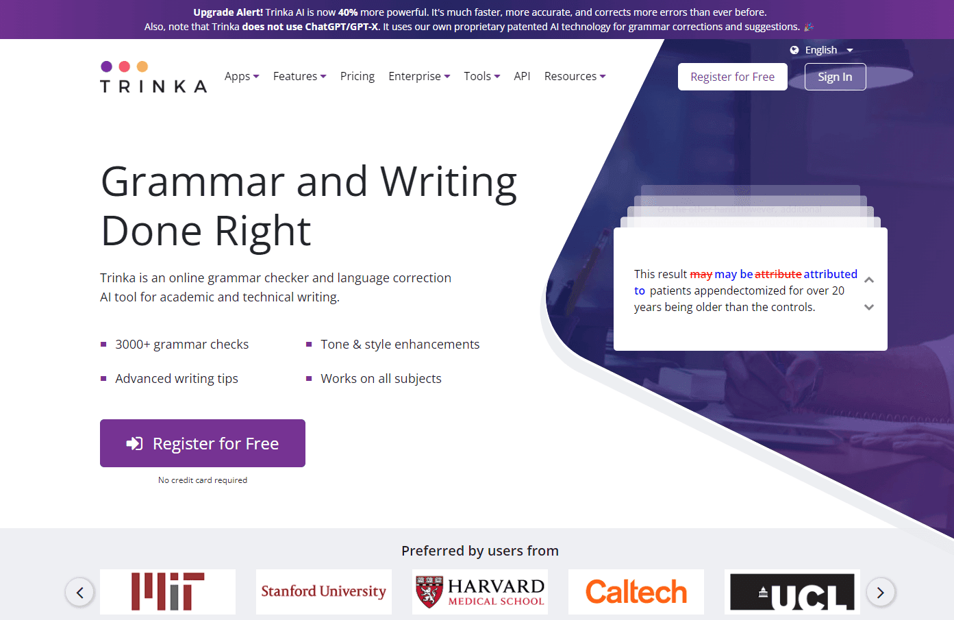 Trinka's user interface showcasing grammar checks and suggestions