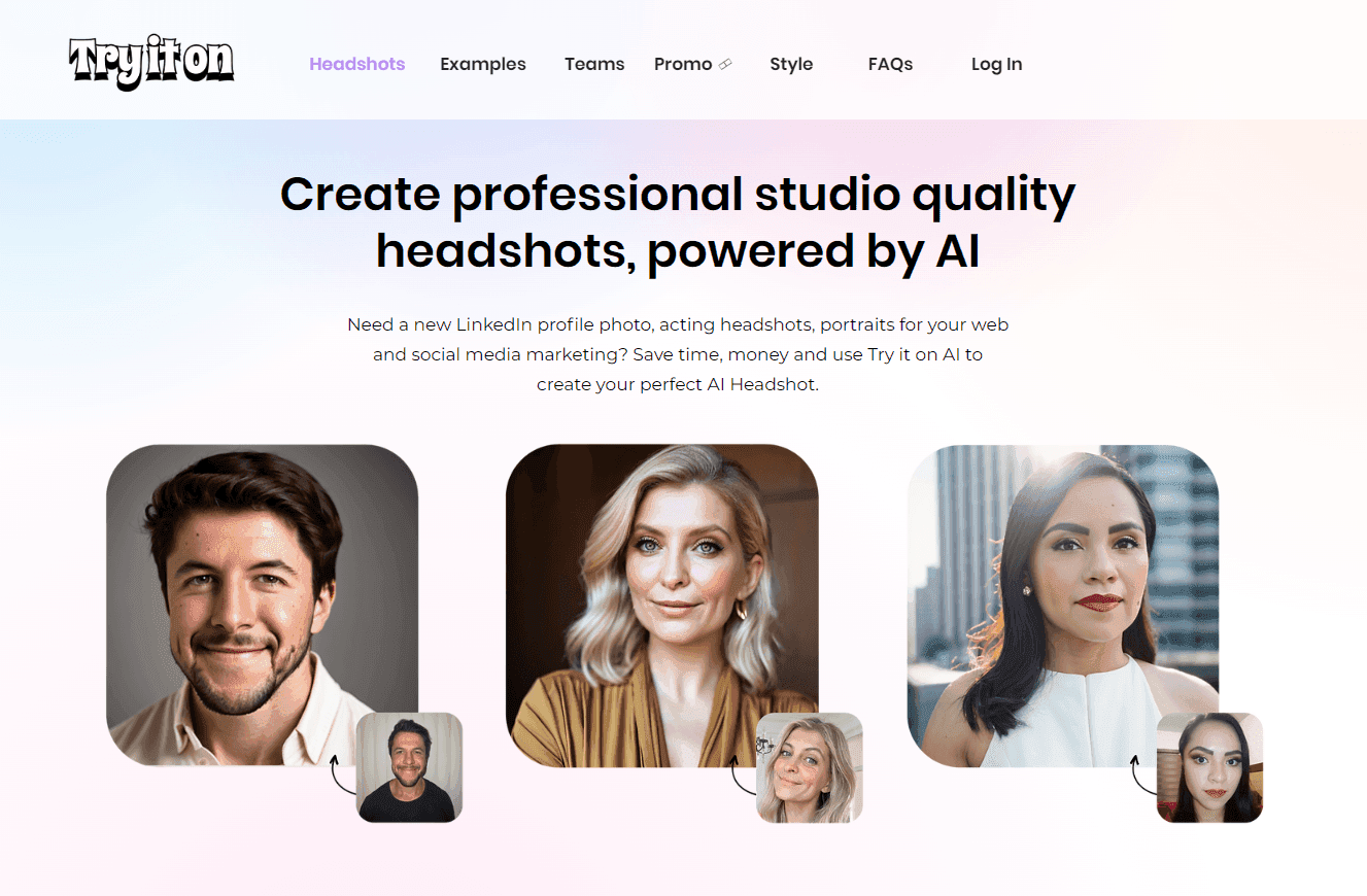 Try it on AI platform showcasing AI-generated headshots