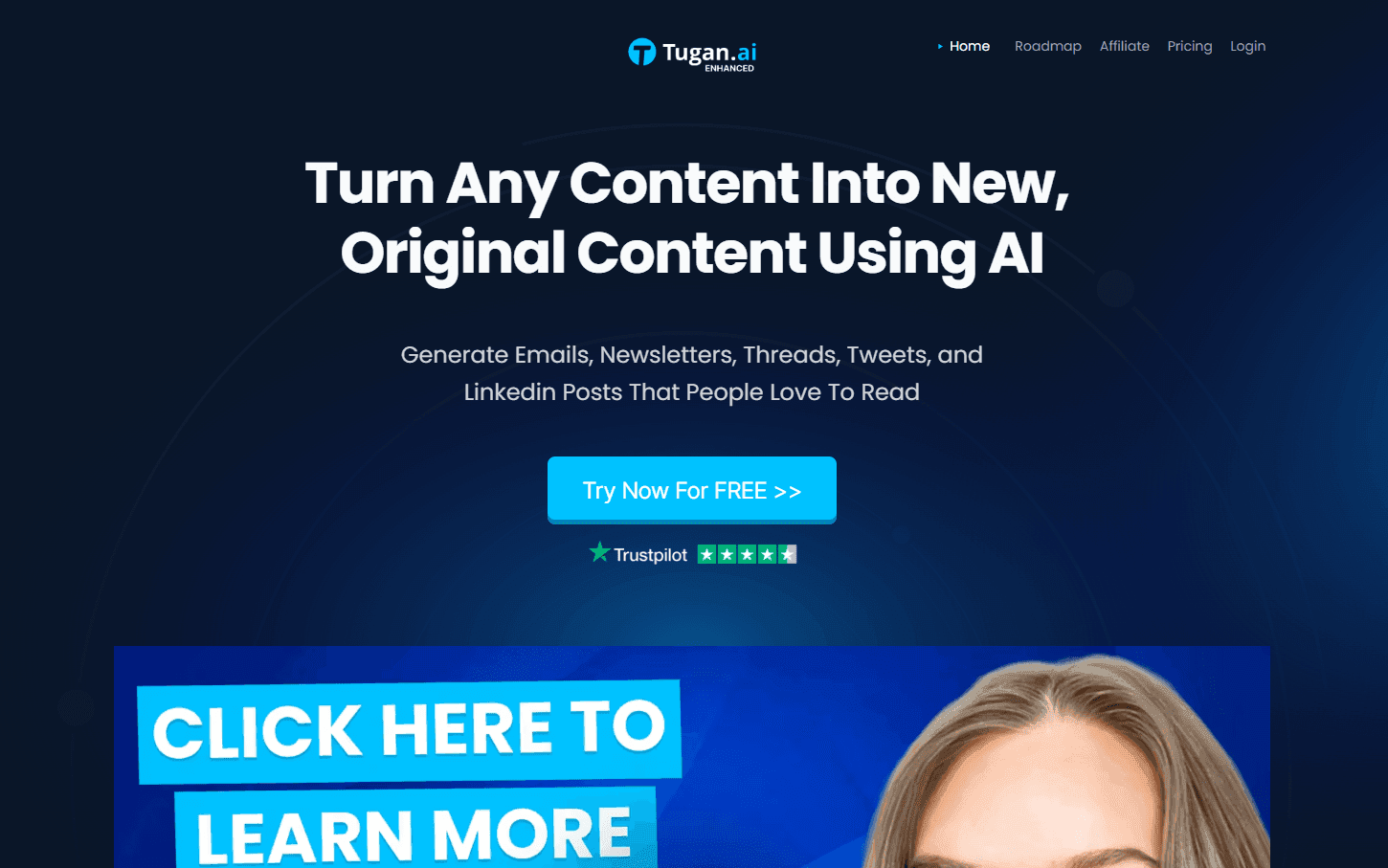 Tugan.ai platform showcasing AI-driven content generation tools