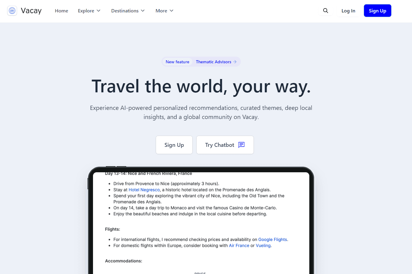Vacay platform showcasing popular travel destinations