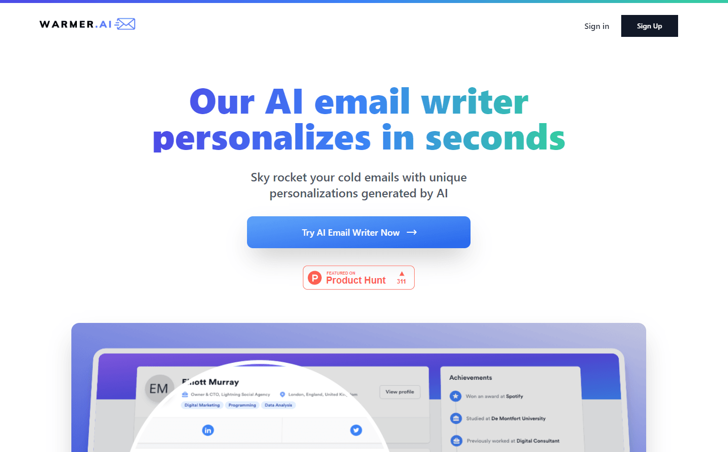 Warmer.ai logo with email graphics