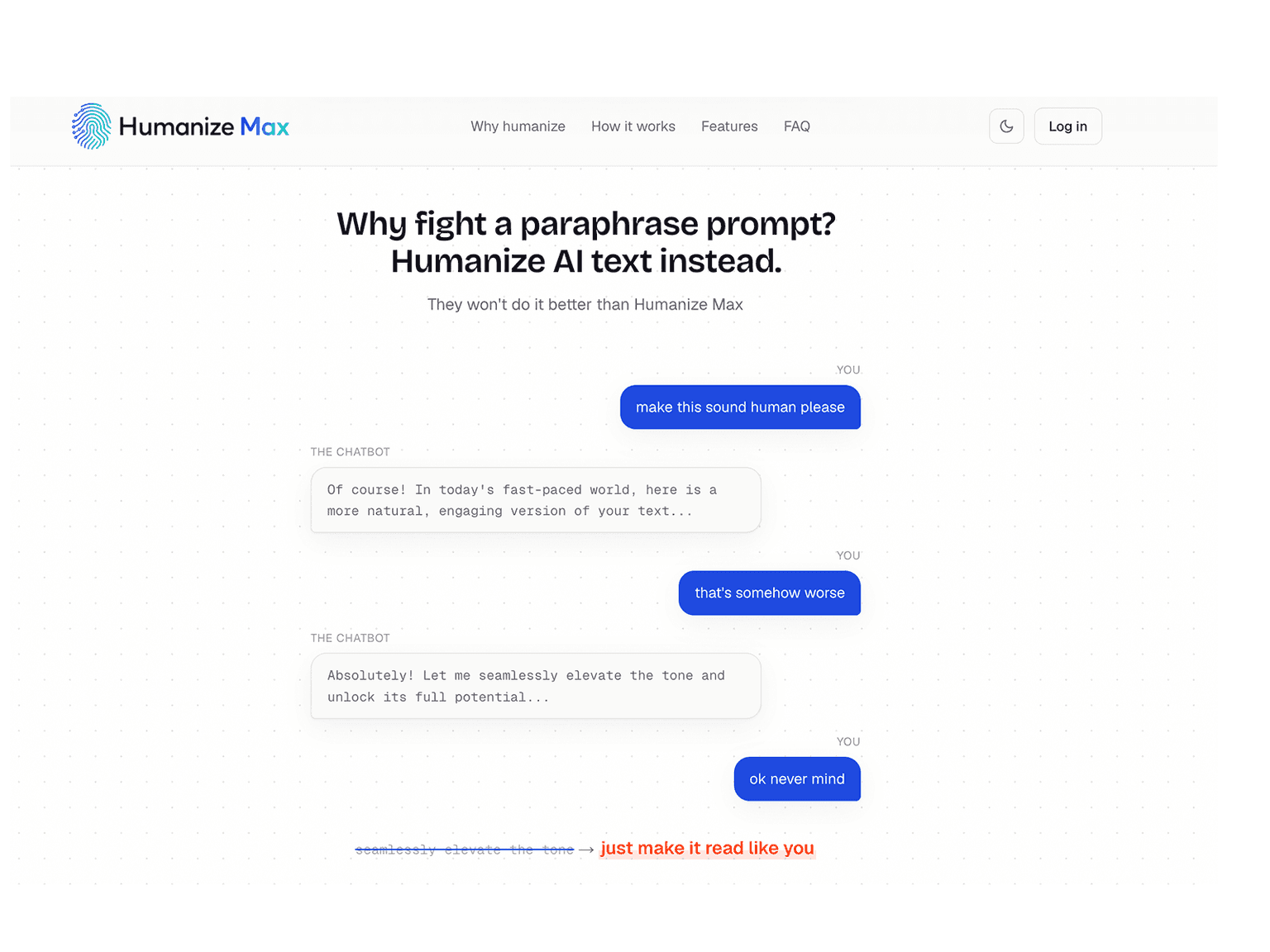 Humanize Max interface explaining how its AI humanizer converts AI text into natural human writing
