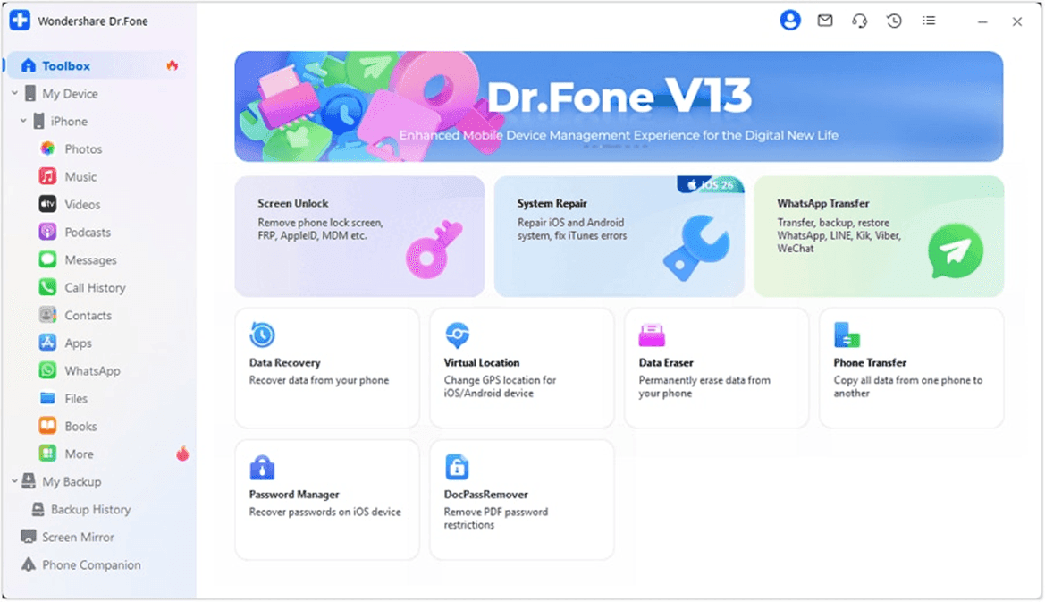 Wondershare Dr.Fone V13 desktop toolbox showing phone modules like Screen Unlock and System Repair