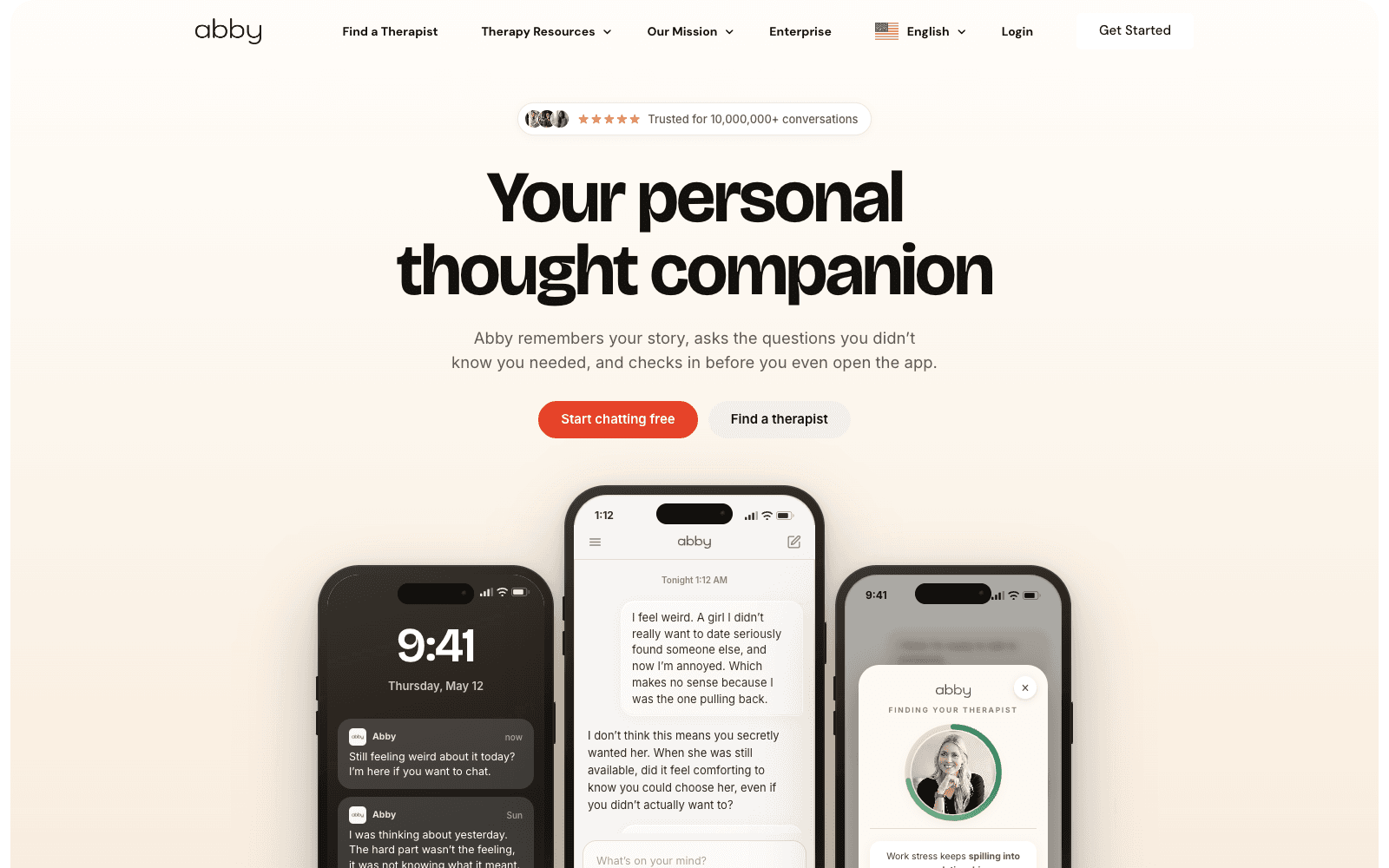 Abby homepage screenshot showing the product interface and branding