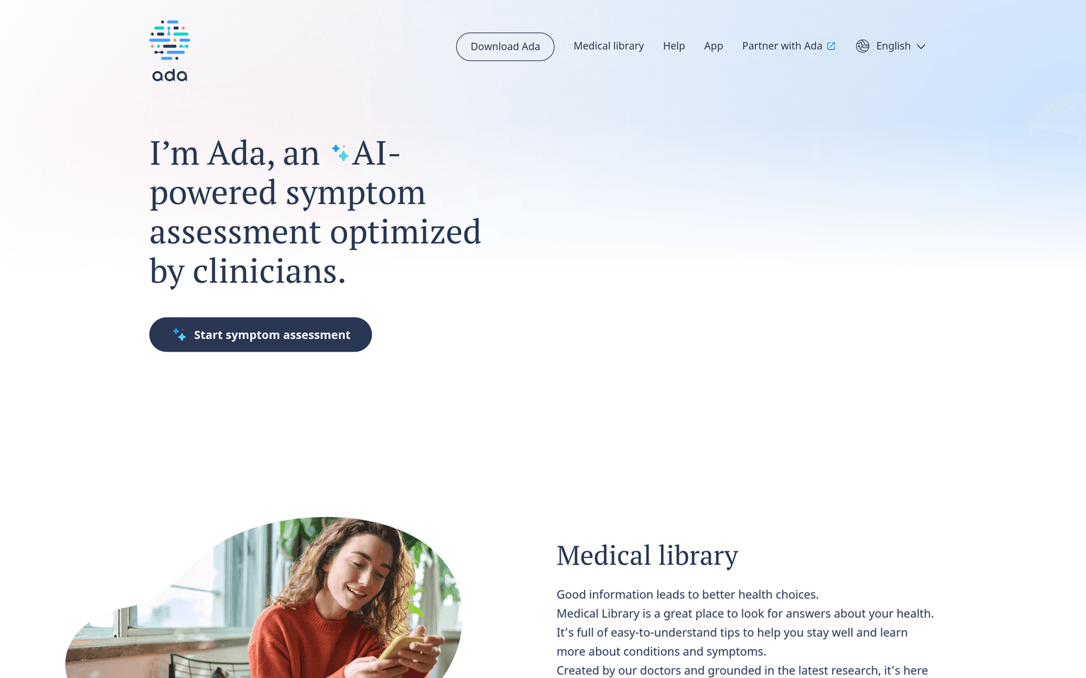 Ada Health product interface dashboard screenshot homepage view