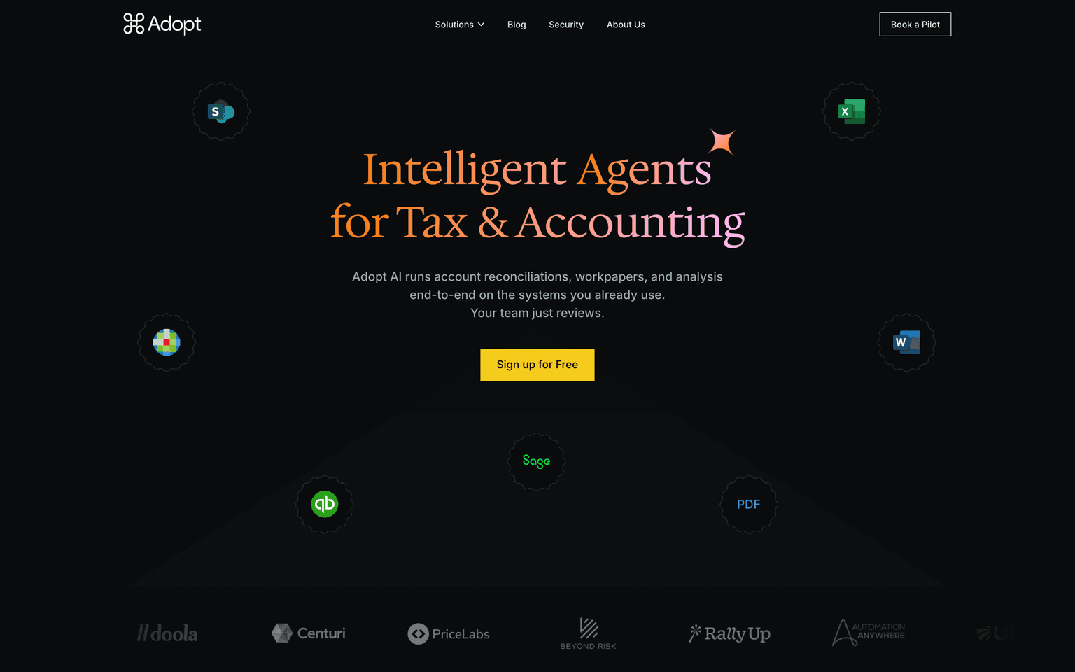Adopt AI landing page describing AI agents that run accounting and tax workflows on existing systems