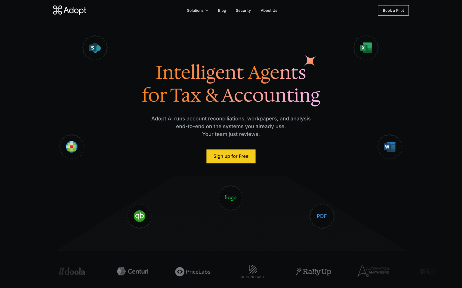 Adopt AI landing page describing AI agents that run accounting and tax workflows on existing systems