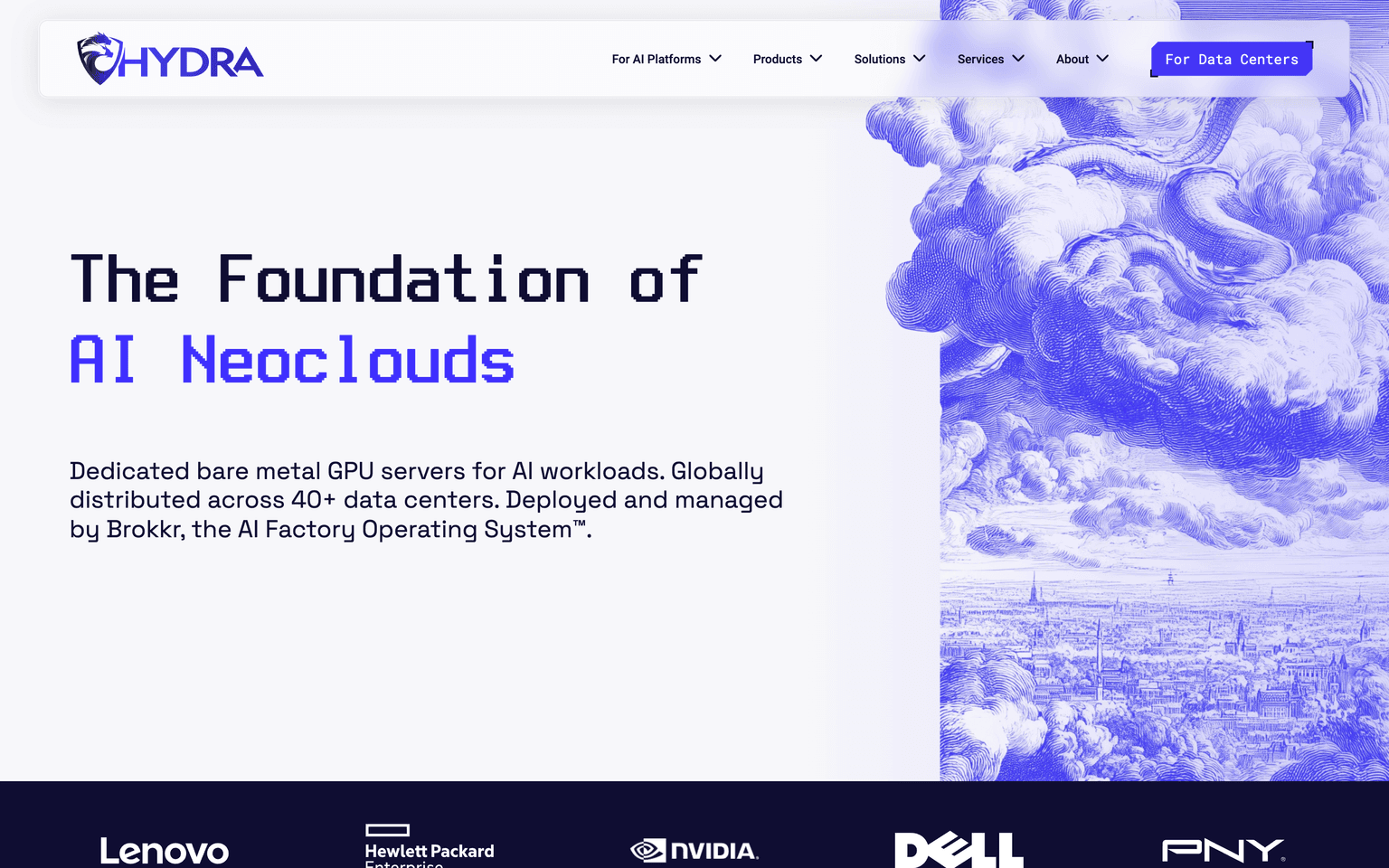 Hydra Host landing page showing on-demand bare-metal GPU servers and hourly pricing for AI workloads