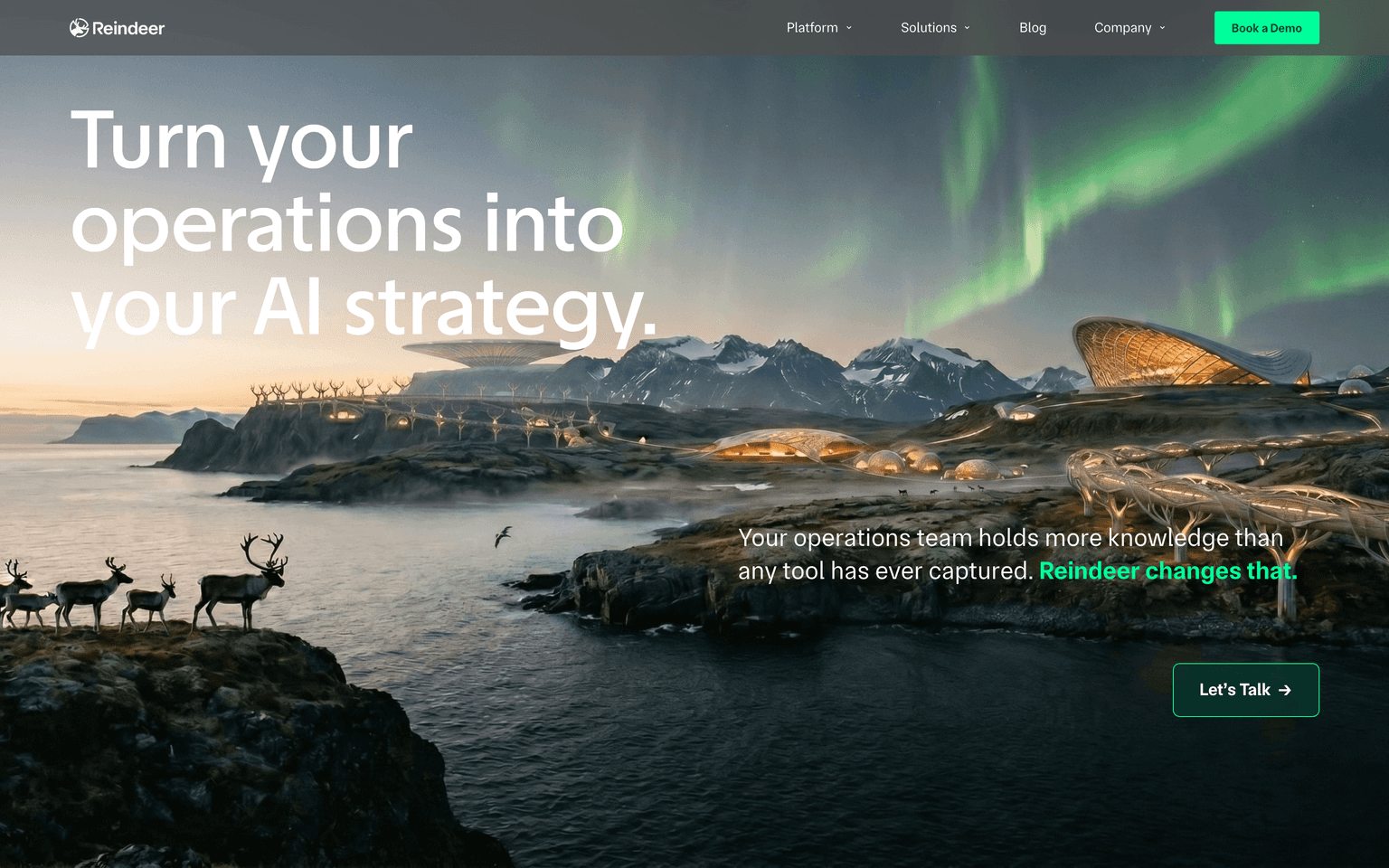 Reindeer landing page describing AI agents that automate high-volume back-office enterprise workflows