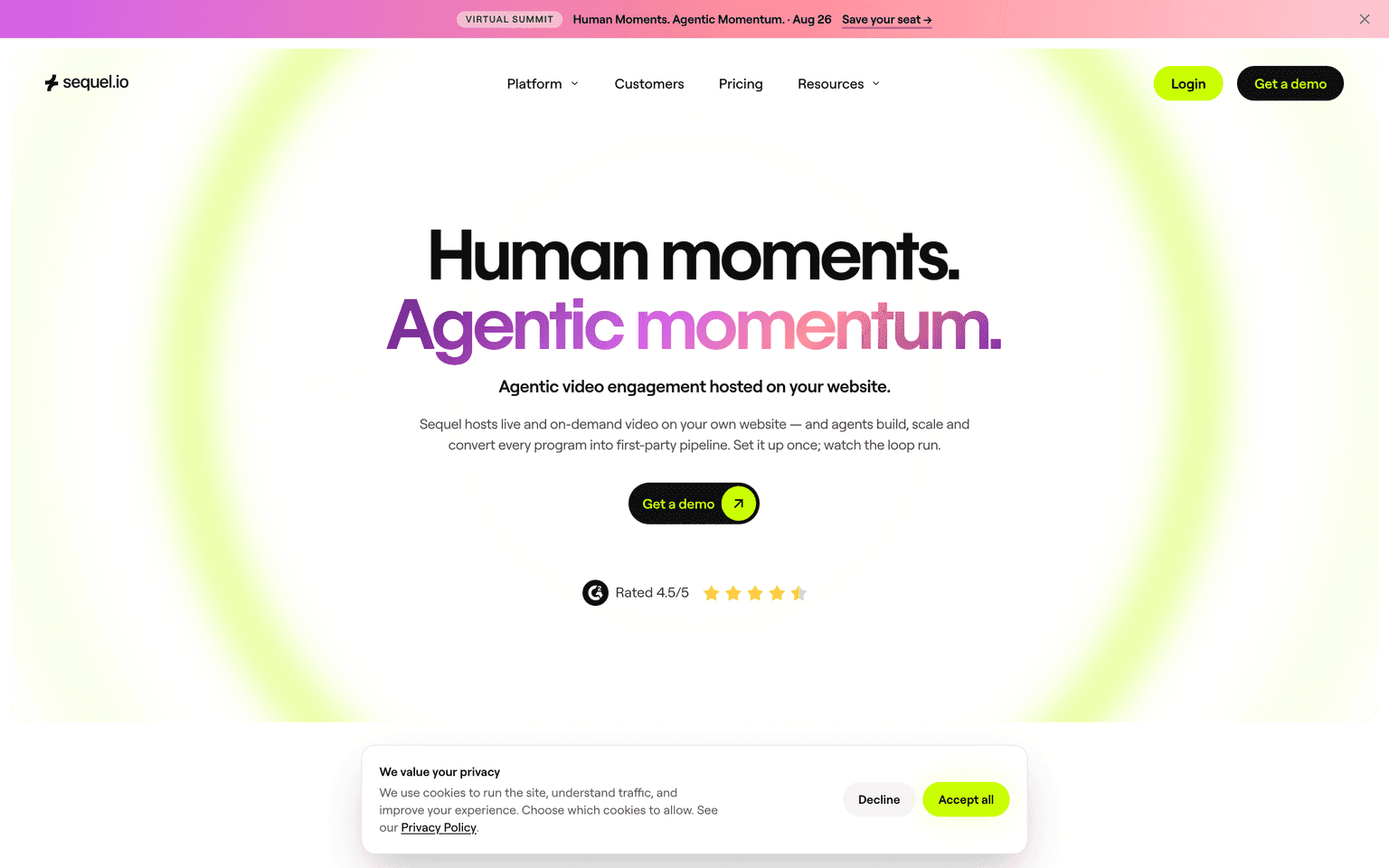 Sequel.io landing page describing AI-powered webinars and virtual events hosted on your own domain