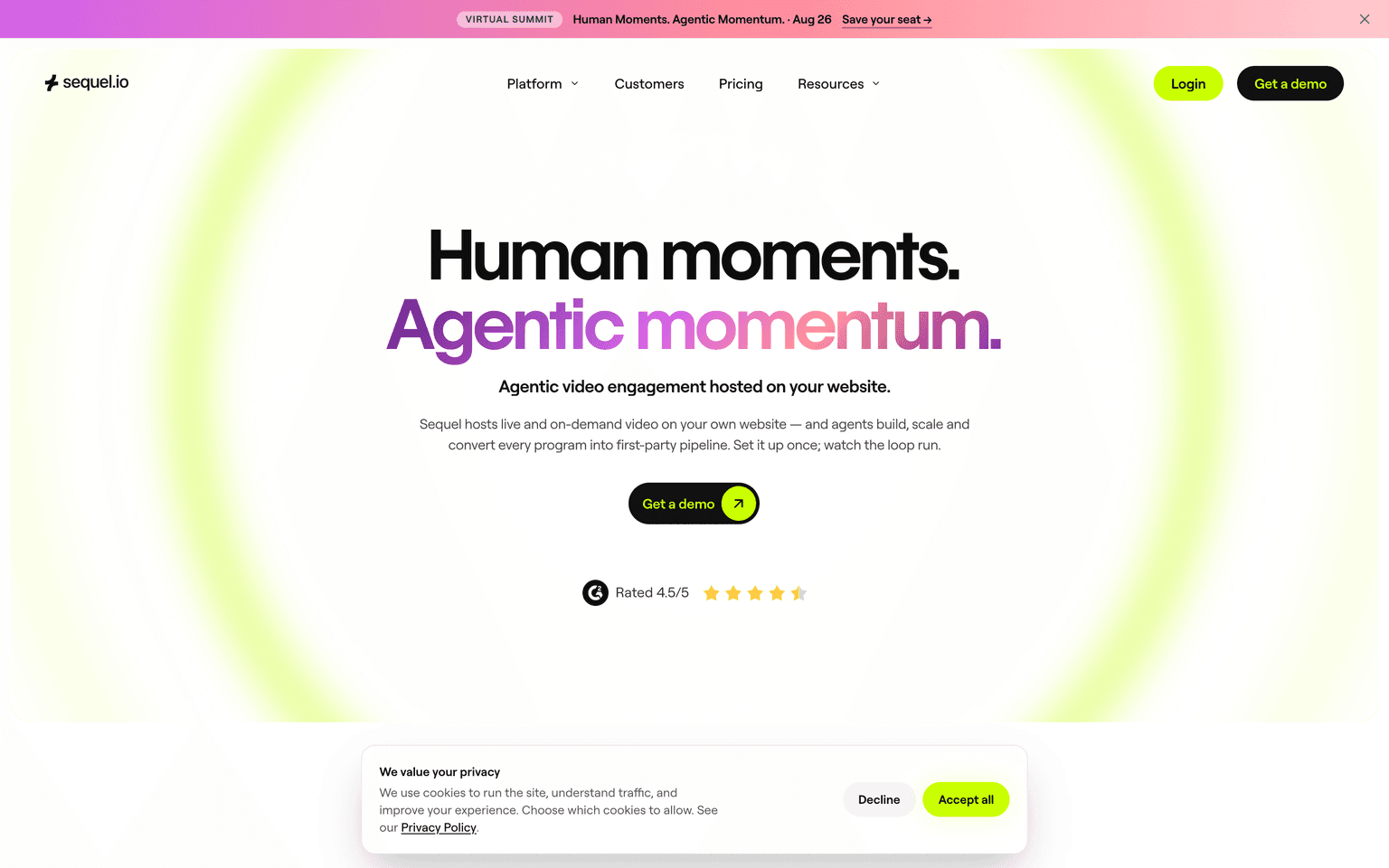 Sequel.io landing page describing AI-powered webinars and virtual events hosted on your own domain