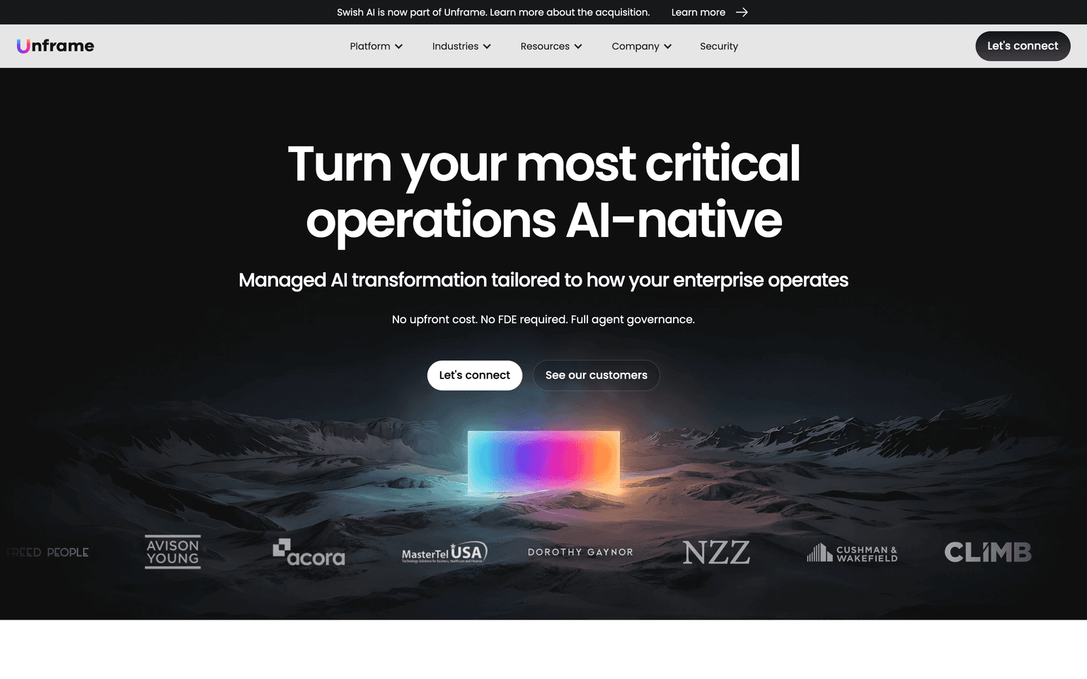 Unframe landing page describing a managed platform that turns enterprise needs into production AI