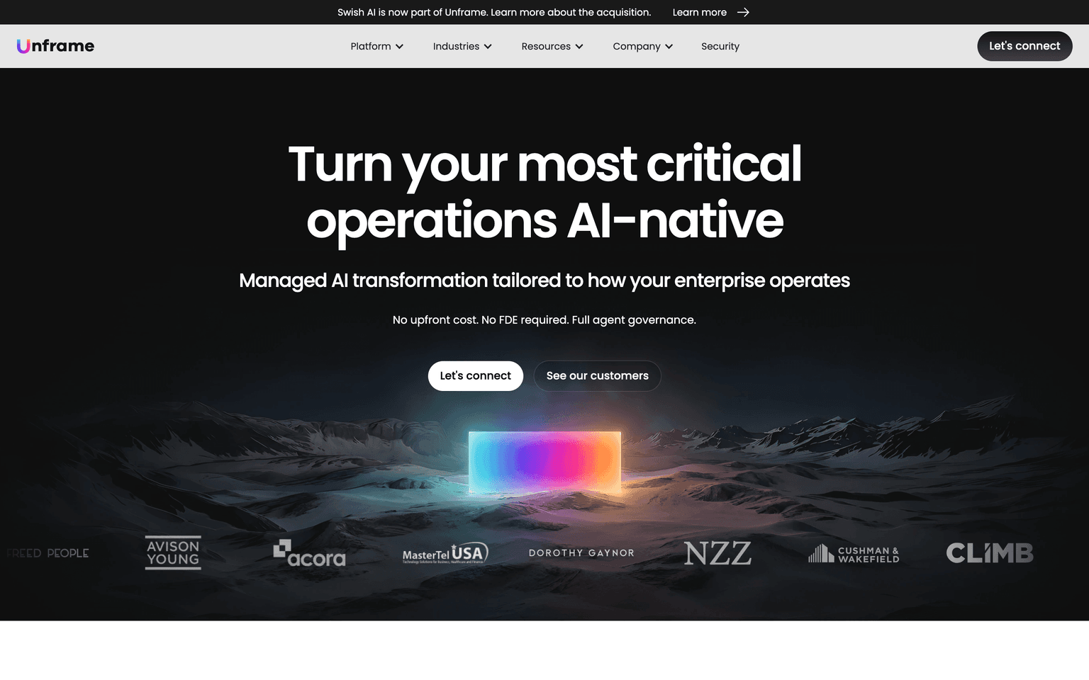 Unframe landing page describing a managed platform that turns enterprise needs into production AI