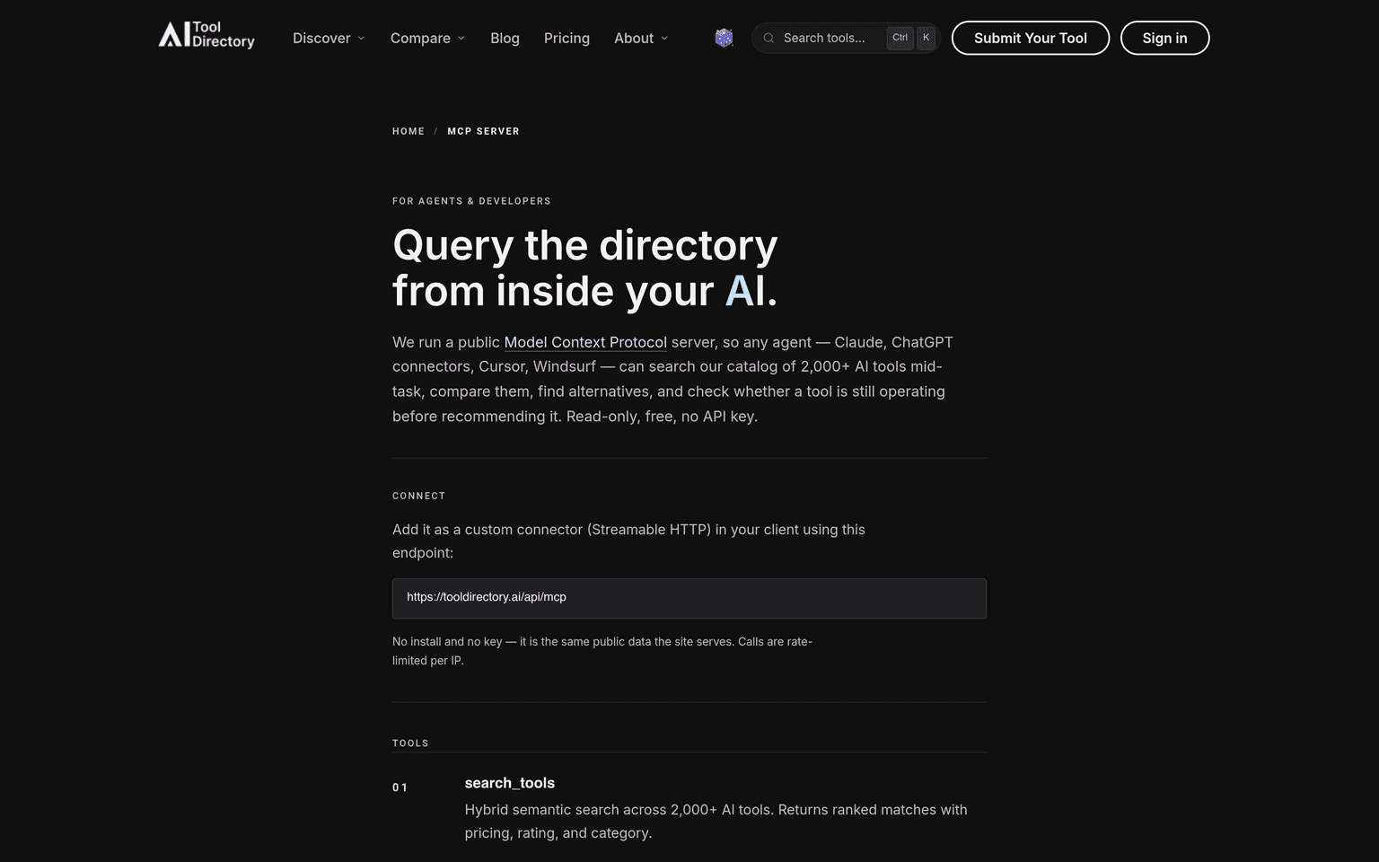 AI Tool Directory MCP server connection page showing endpoint and tools
