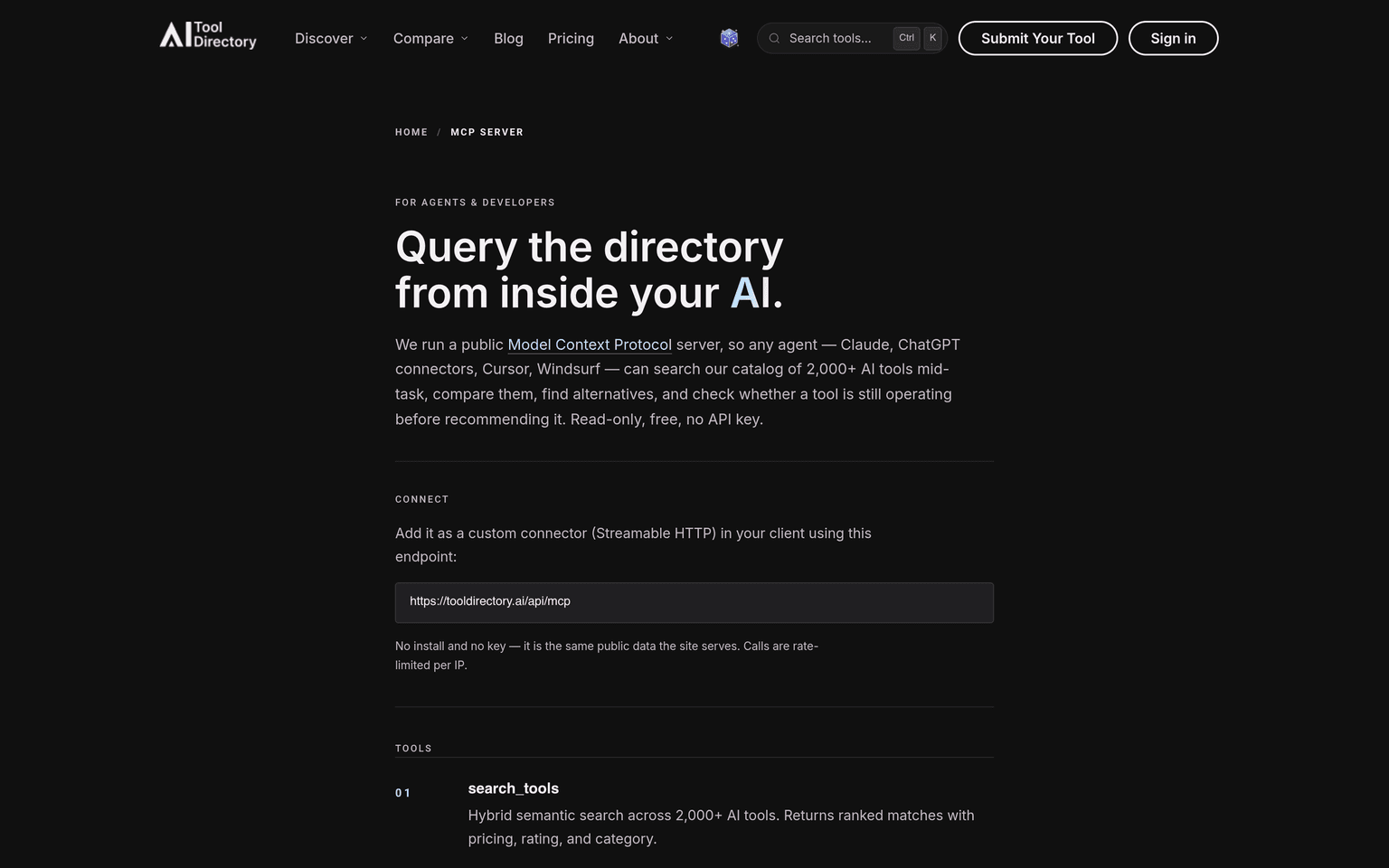 AI Tool Directory MCP server connection page showing endpoint and tools