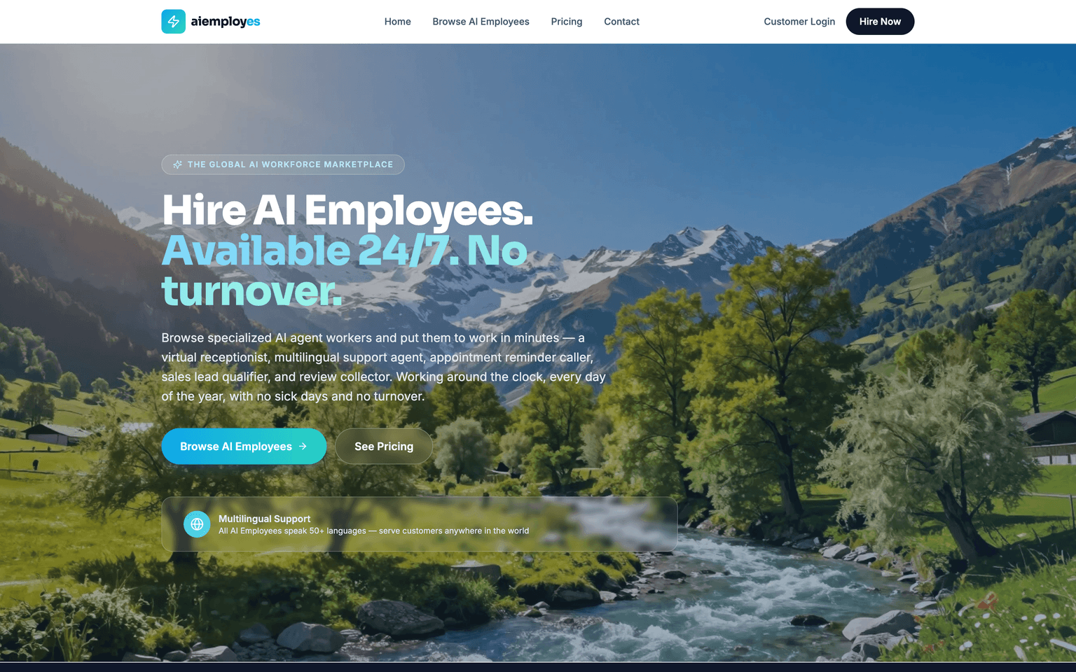 AIEmployes landing page hero offering AI employees for hire around the clock