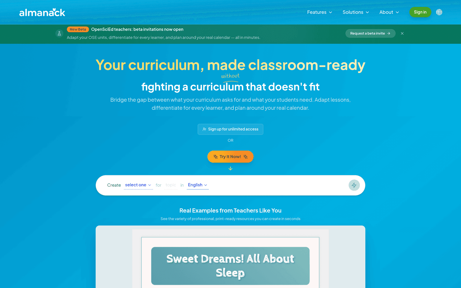 Almanack product interface dashboard screenshot homepage view