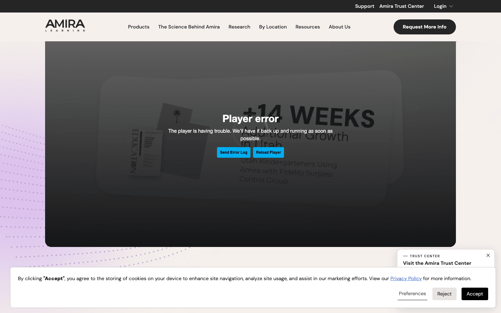 Amira Learning homepage screenshot showing the product interface and branding