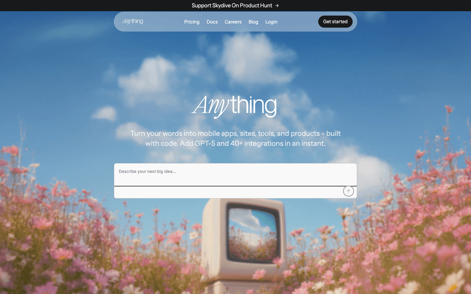 Anything homepage screenshot showing the product interface and branding