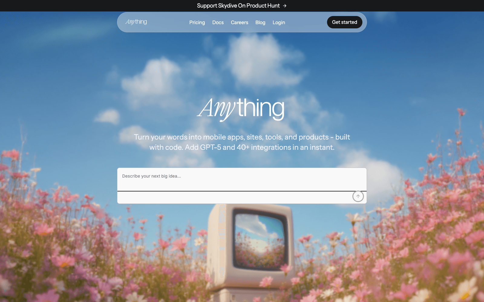 Anything homepage screenshot showing the product interface and branding