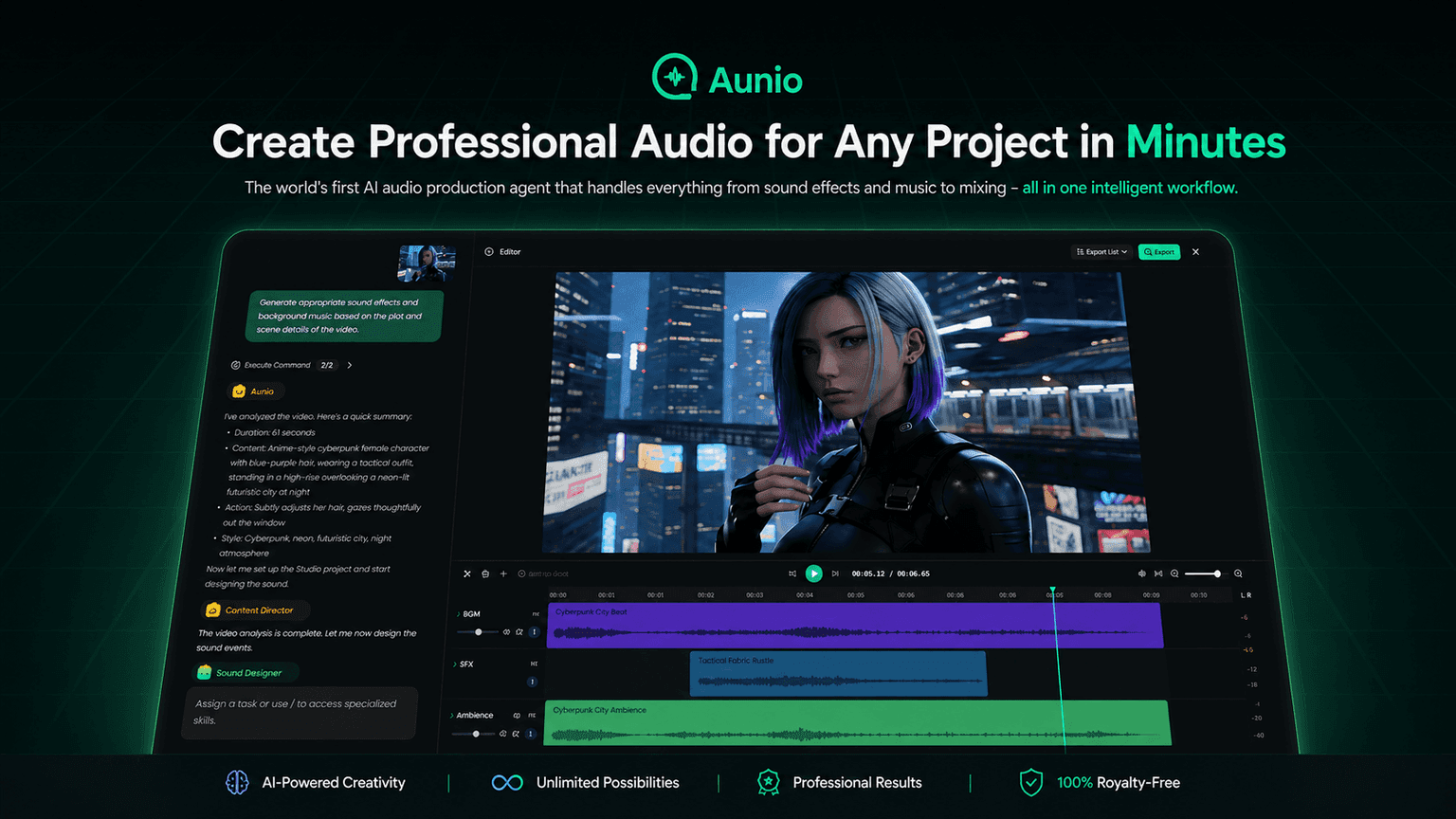 Aunio landing page describing an AI audio production team of specialized agents from FineVoice