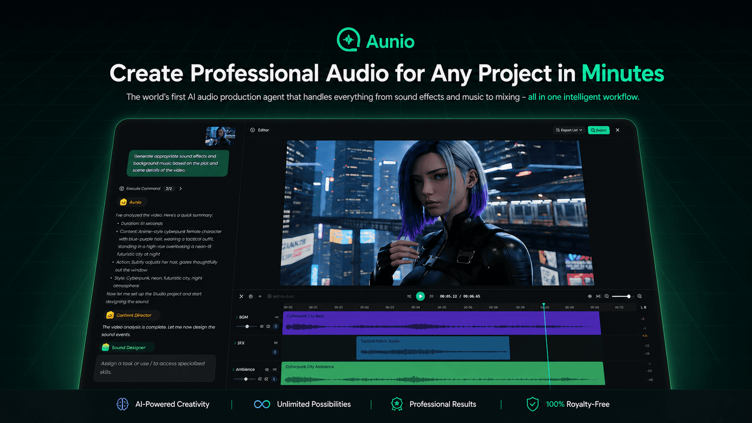 Aunio landing page describing an AI audio production team of specialized agents from FineVoice