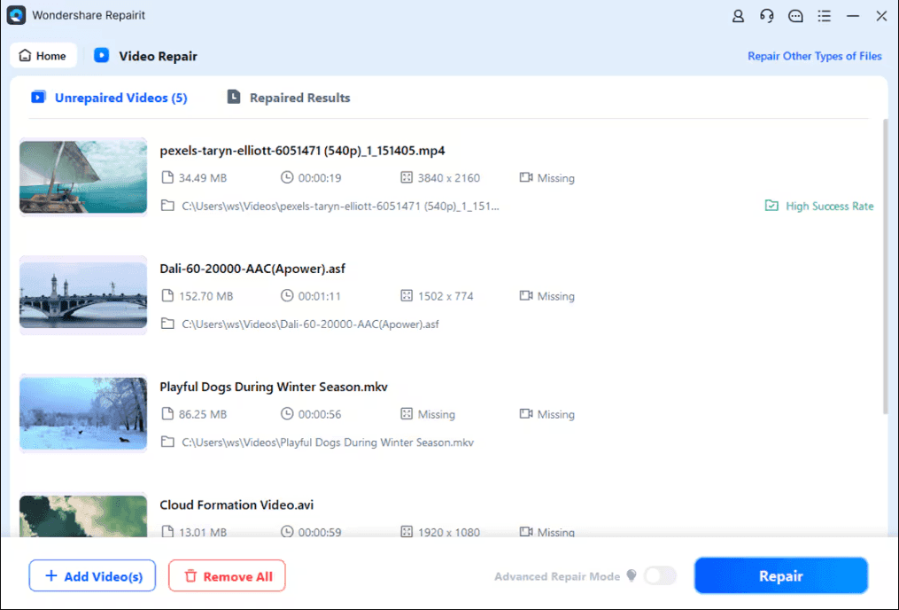 Repairit batch repair queue listing several corrupted video files ready to fix