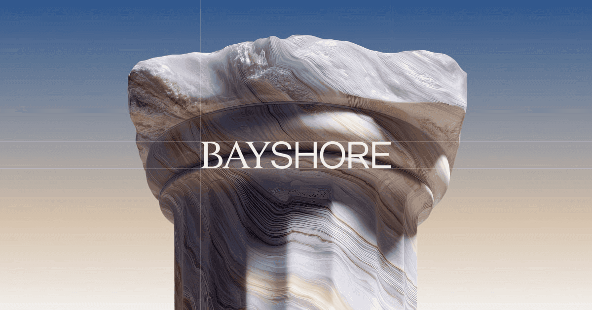 Bayshore brand hero with a marble column and the Bayshore wordmark