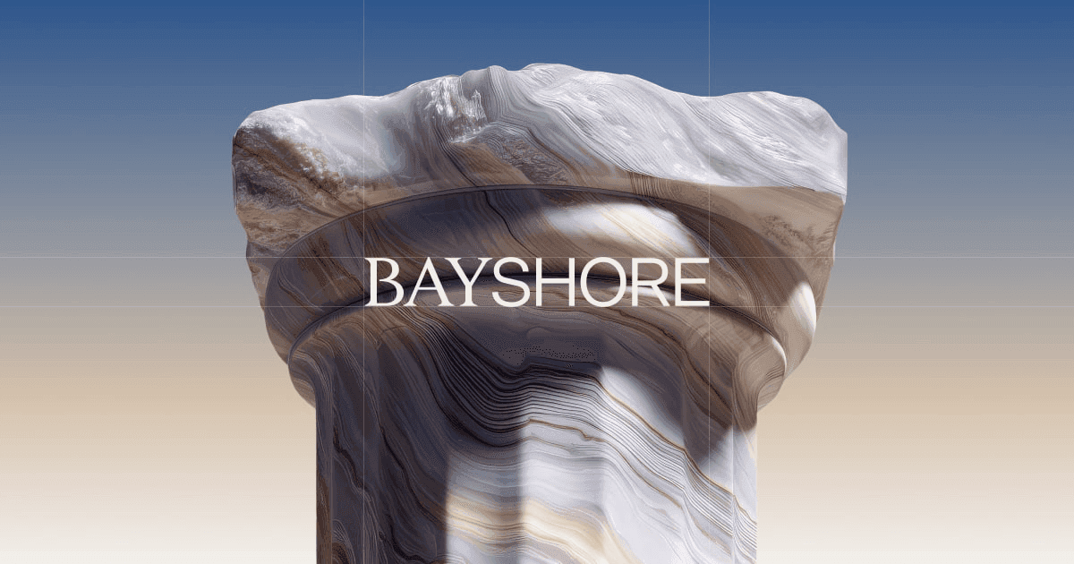 Bayshore brand hero with a marble column and the Bayshore wordmark