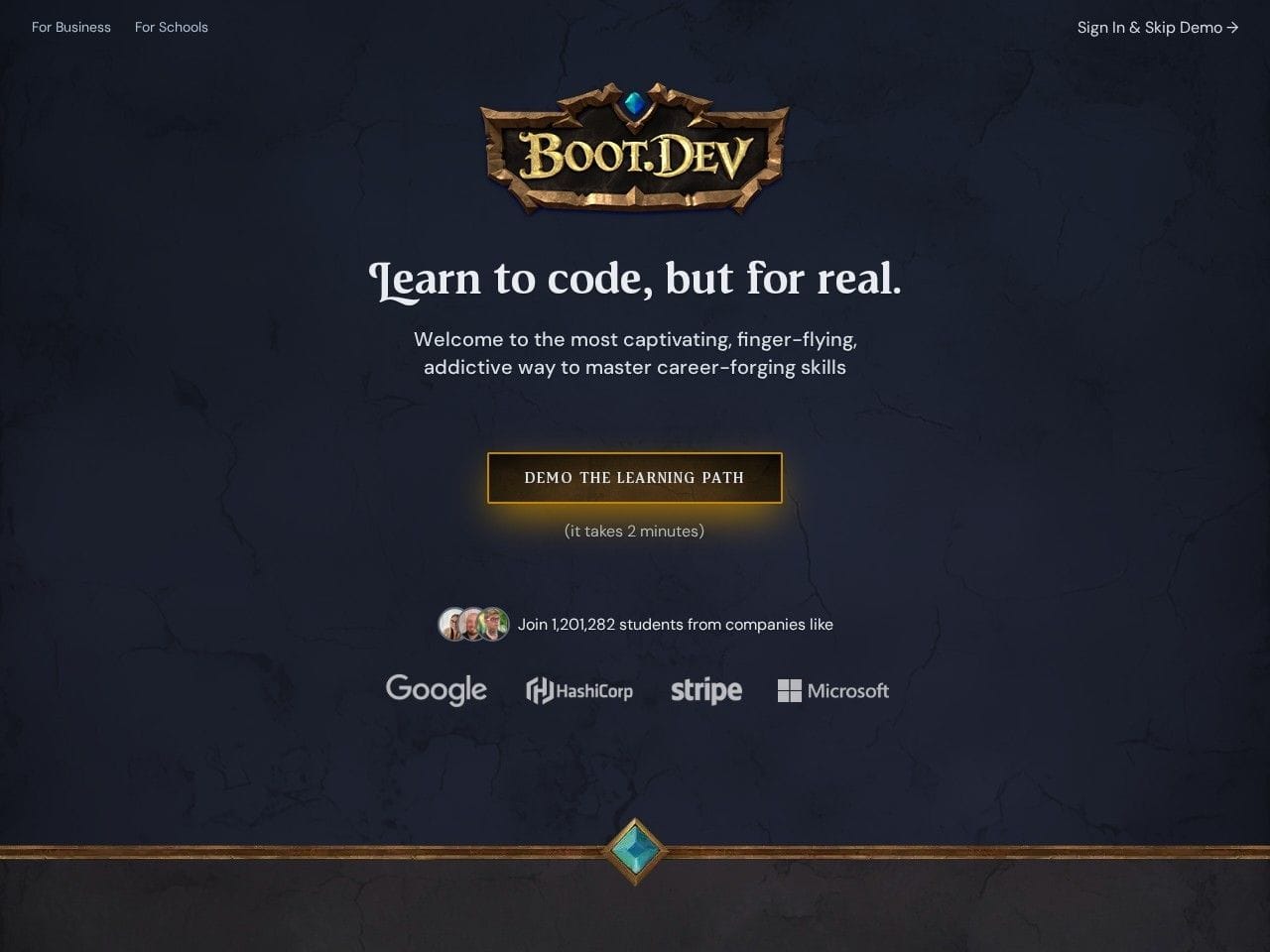 Boot.dev product interface dashboard screenshot homepage view