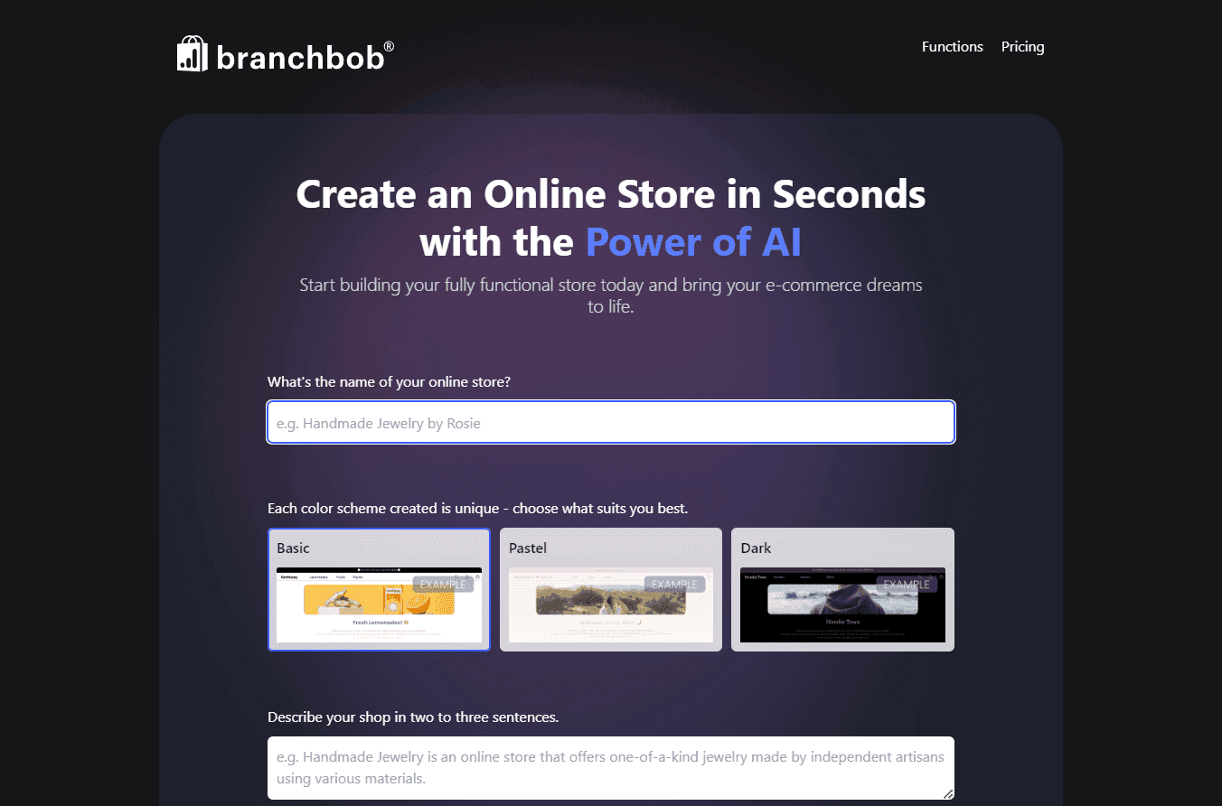 branchbob's interface for online store creation