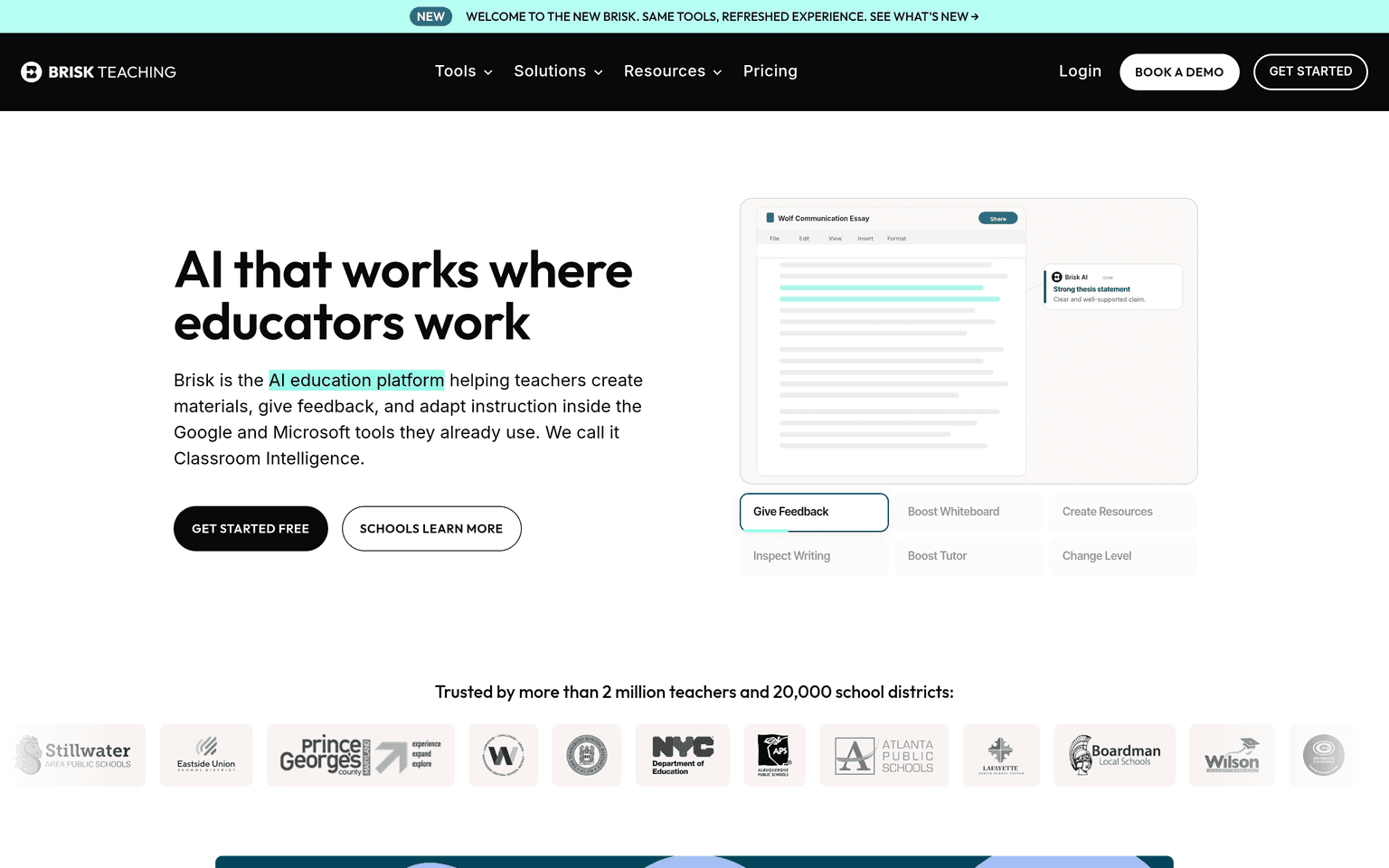 Brisk Teaching product interface dashboard screenshot homepage view