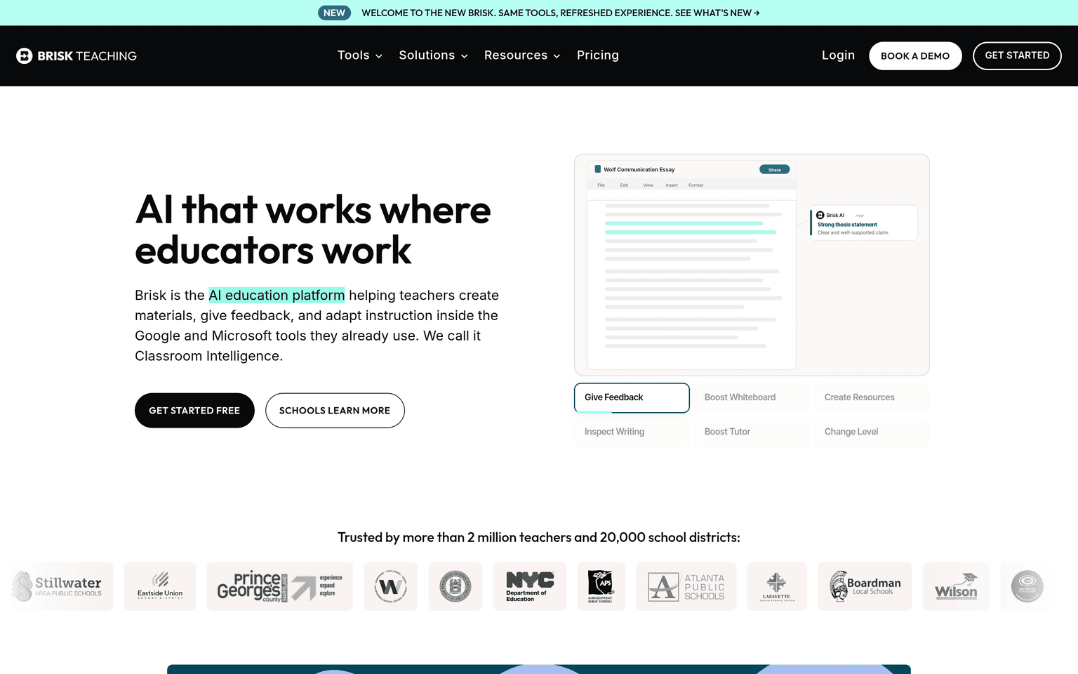 Brisk Teaching product interface dashboard screenshot homepage view