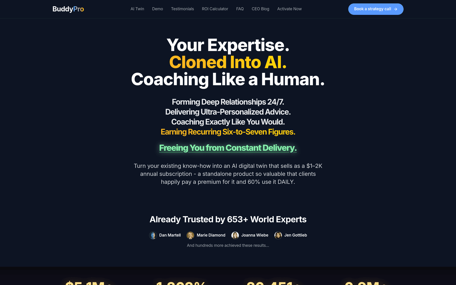 BuddyPro landing page hero about cloning your expertise into an AI coaching twin