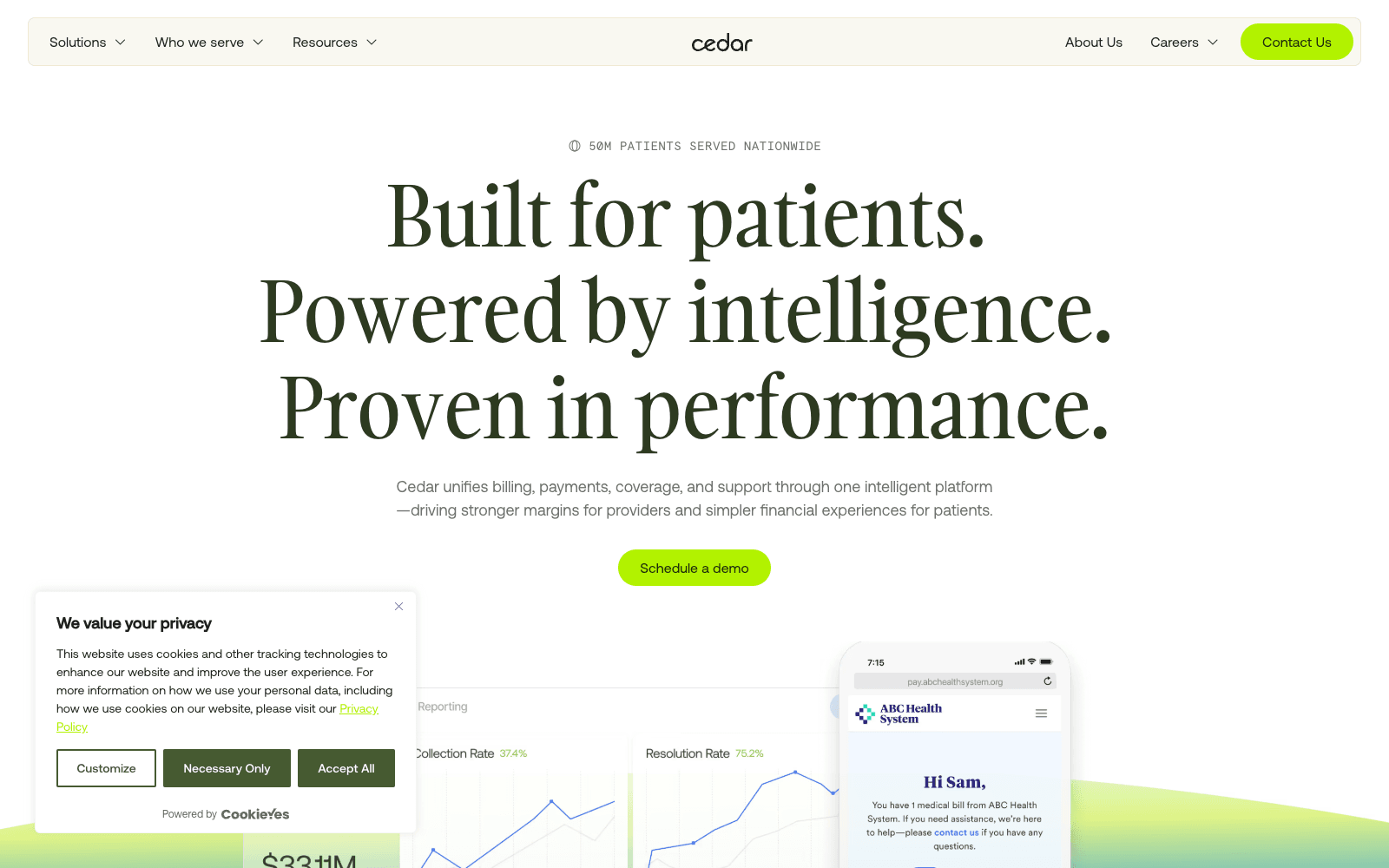 Cedar product homepage screenshot showing the interface and branding