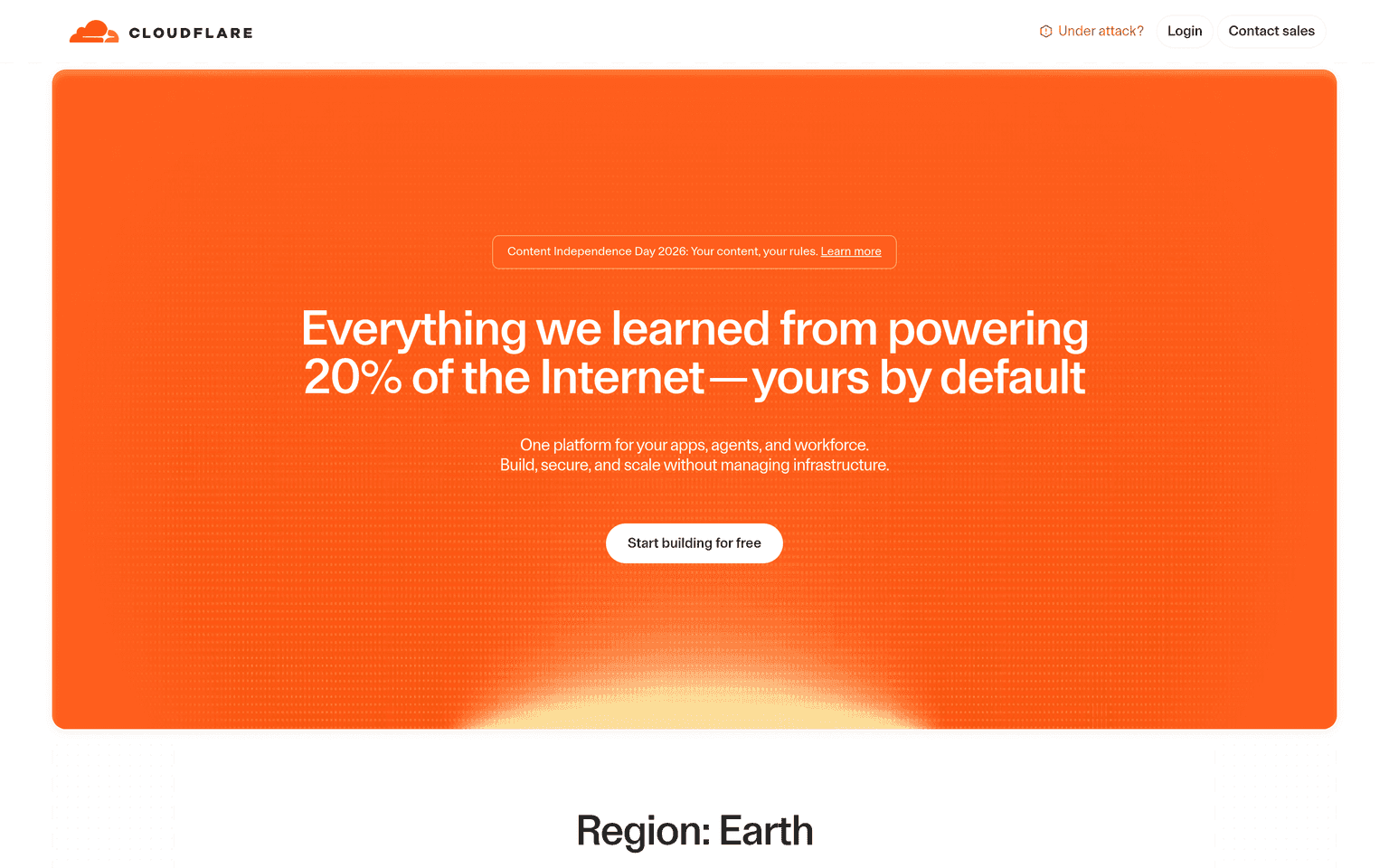 Cloudflare homepage showing global edge network and security platform