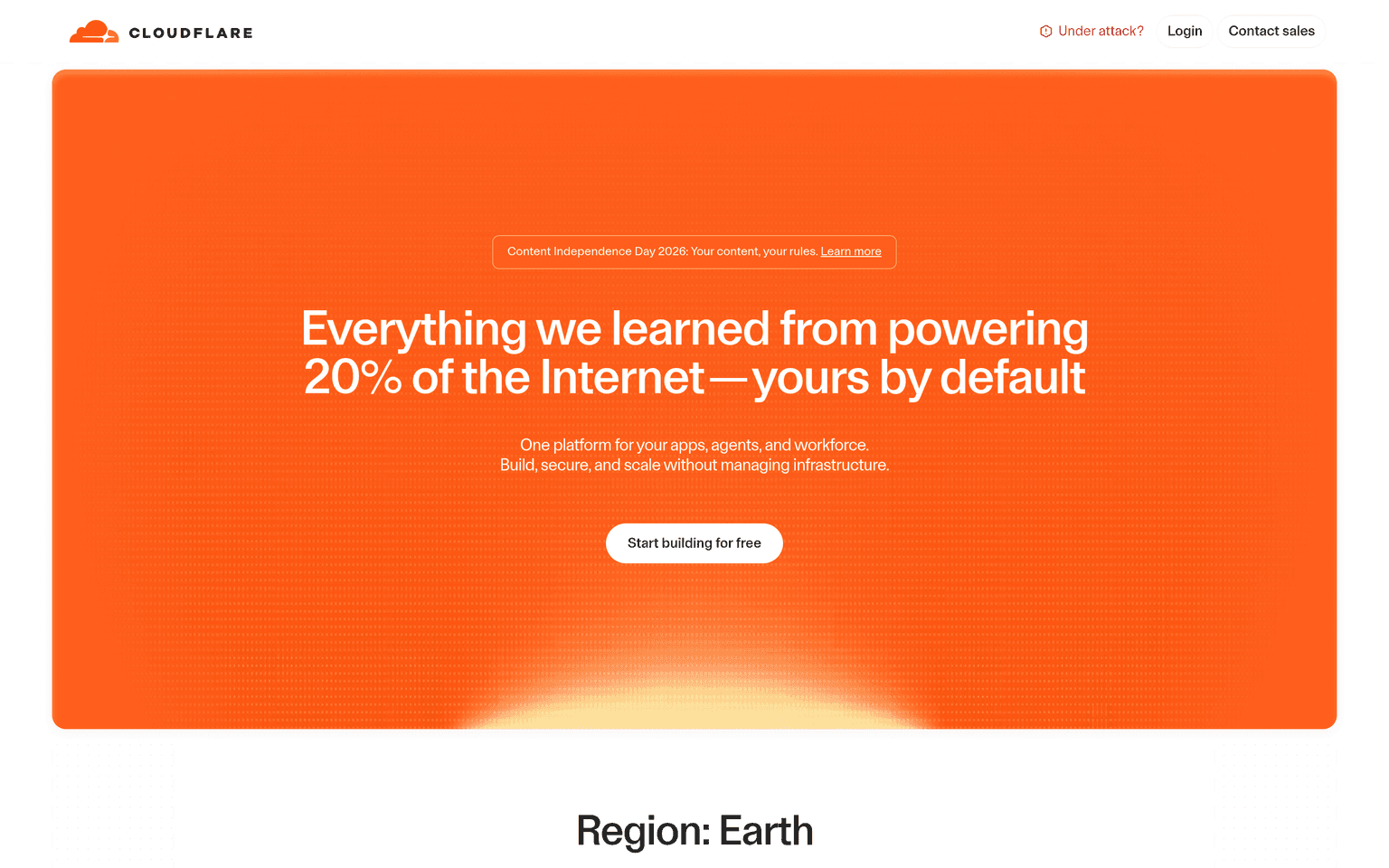 Cloudflare homepage showing global edge network and security platform
