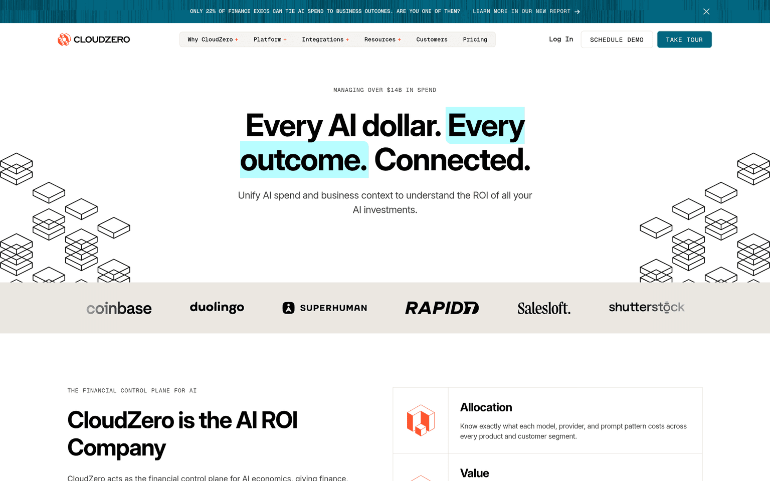 CloudZero product interface dashboard screenshot homepage view
