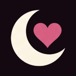 CrushNights logo, a cream crescent moon holding a pink heart on a dark background