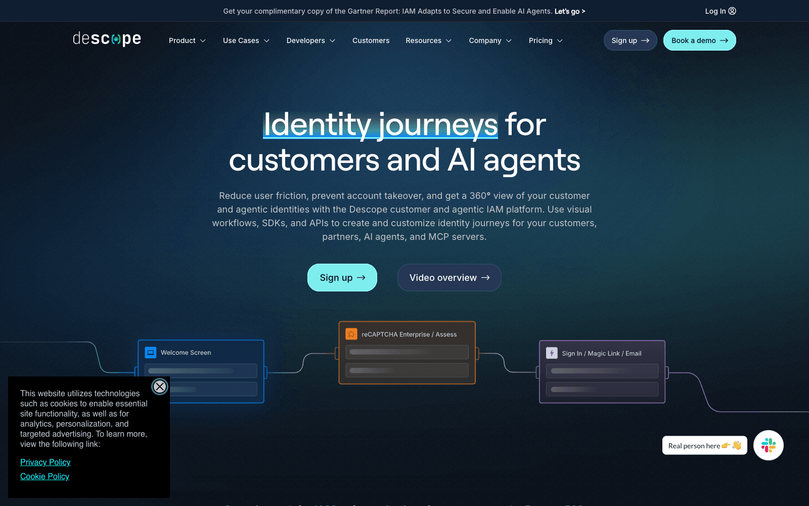 Descope product homepage screenshot showing the interface and branding