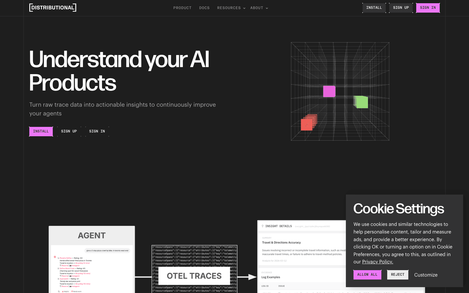 Distributional product homepage screenshot showing the interface and branding