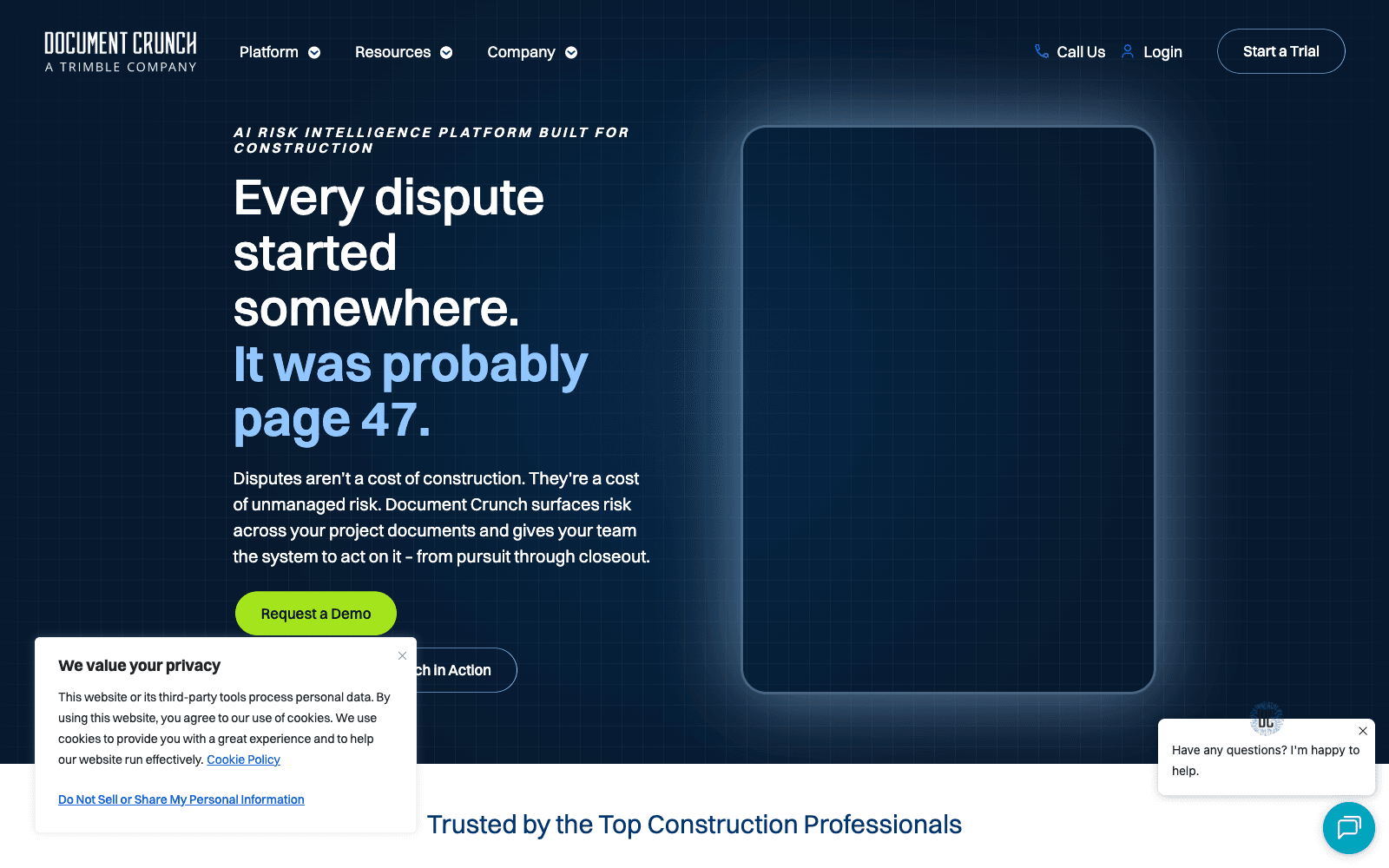 Document Crunch homepage screenshot showing the product interface and branding